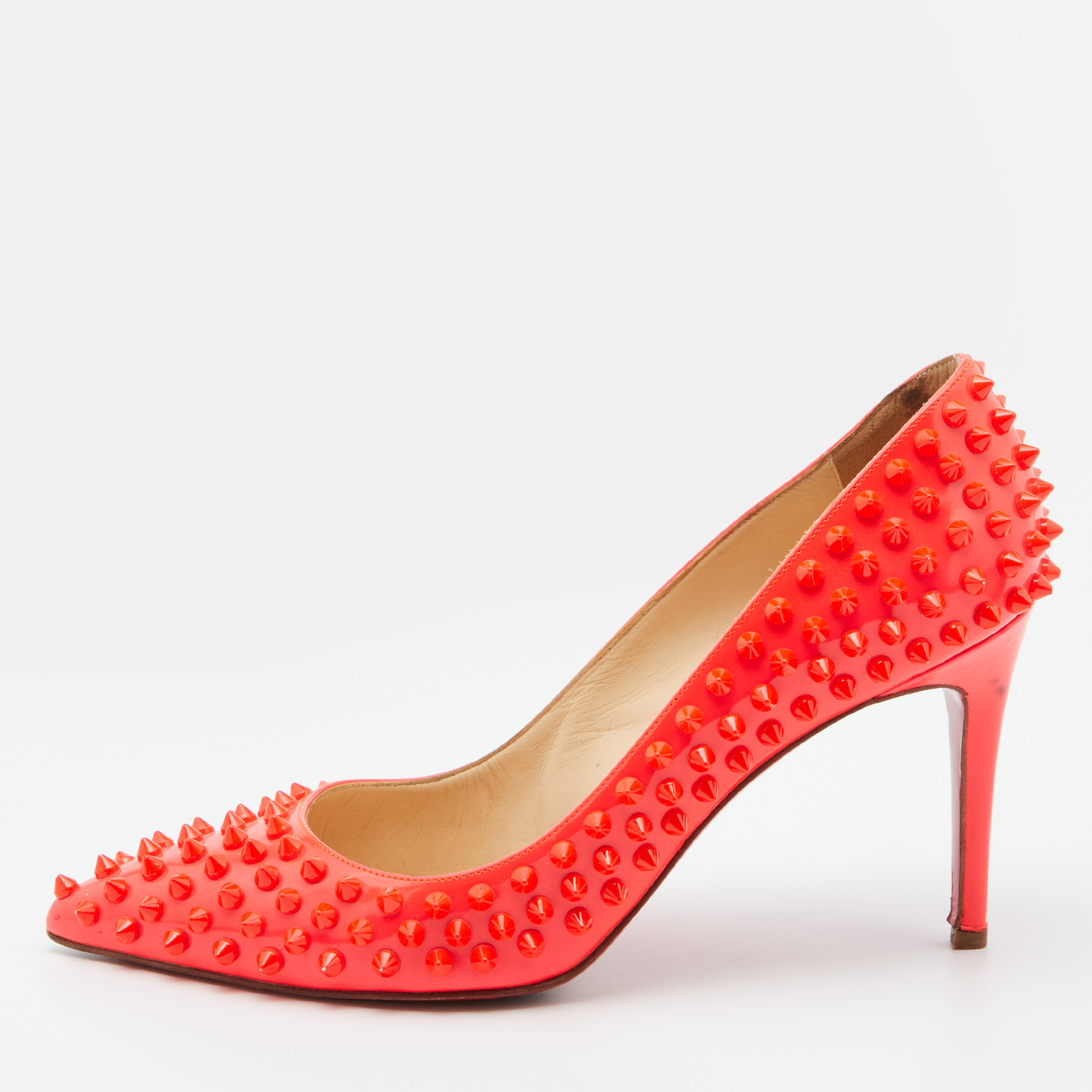Pre-owned Christian Louboutin Orange Patent Leather Pigalle Spikes Pumps Size 40