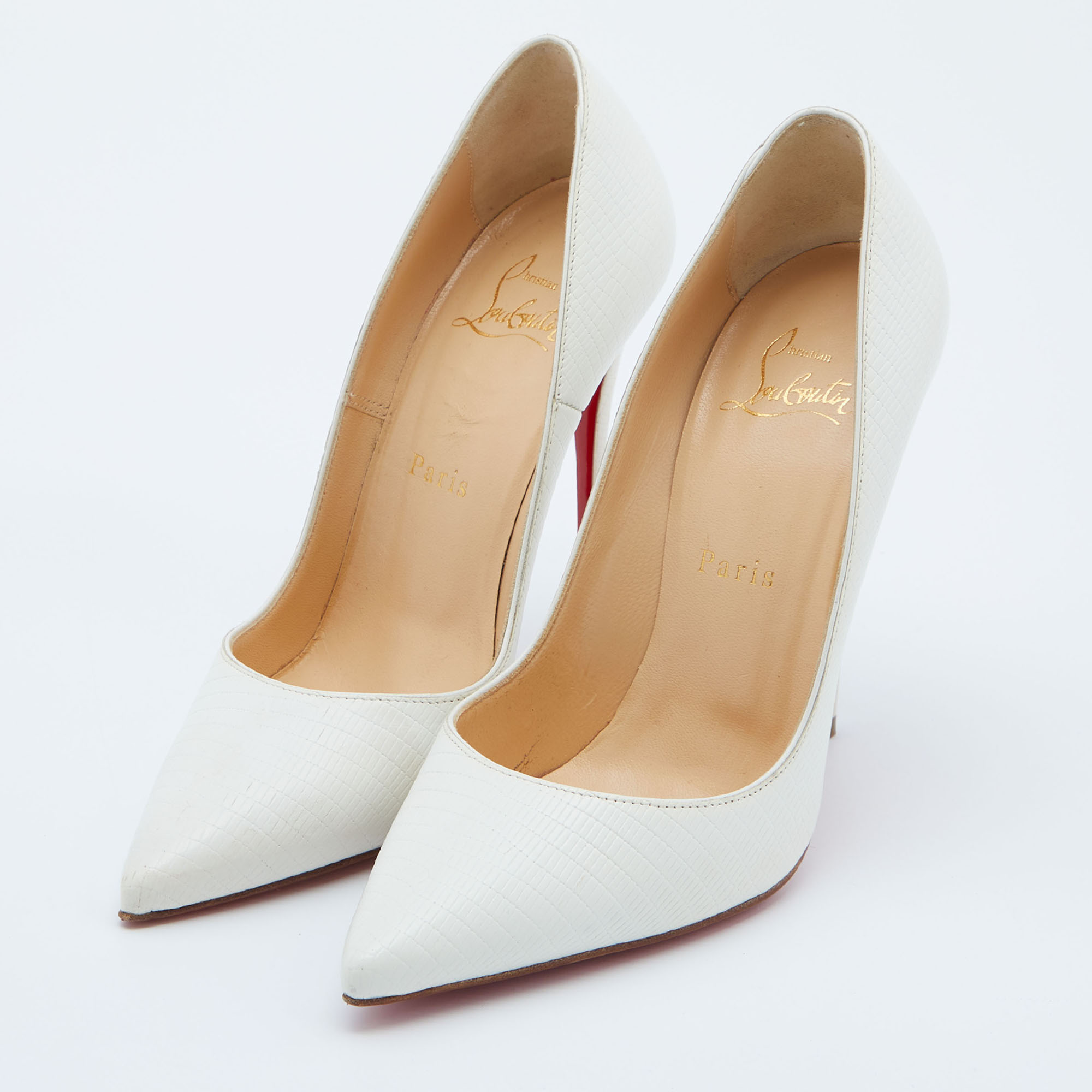 

Christian Louboutin White Lizard Embossed Leather So Kate Pumps Size