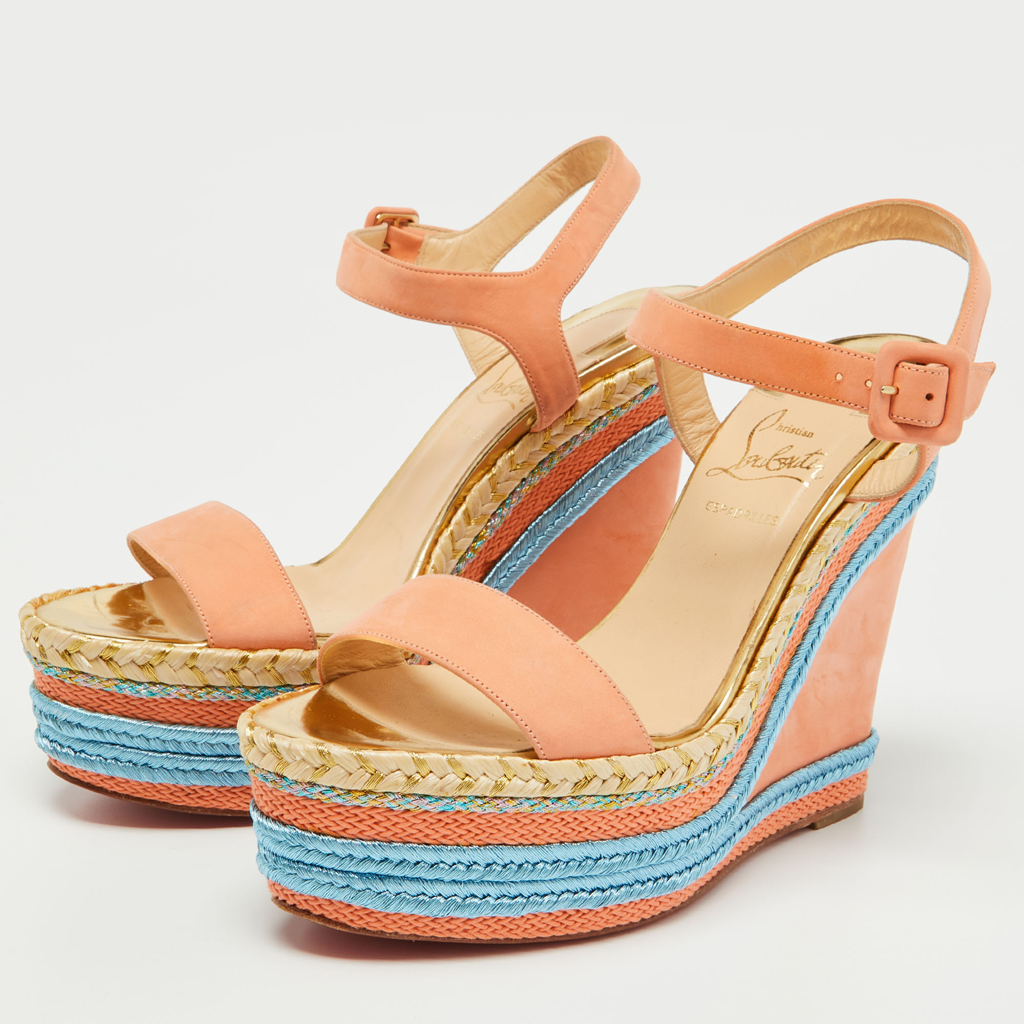 

Christian Louboutin Peach Pink Leather New Duplice Wedge Sandals Size