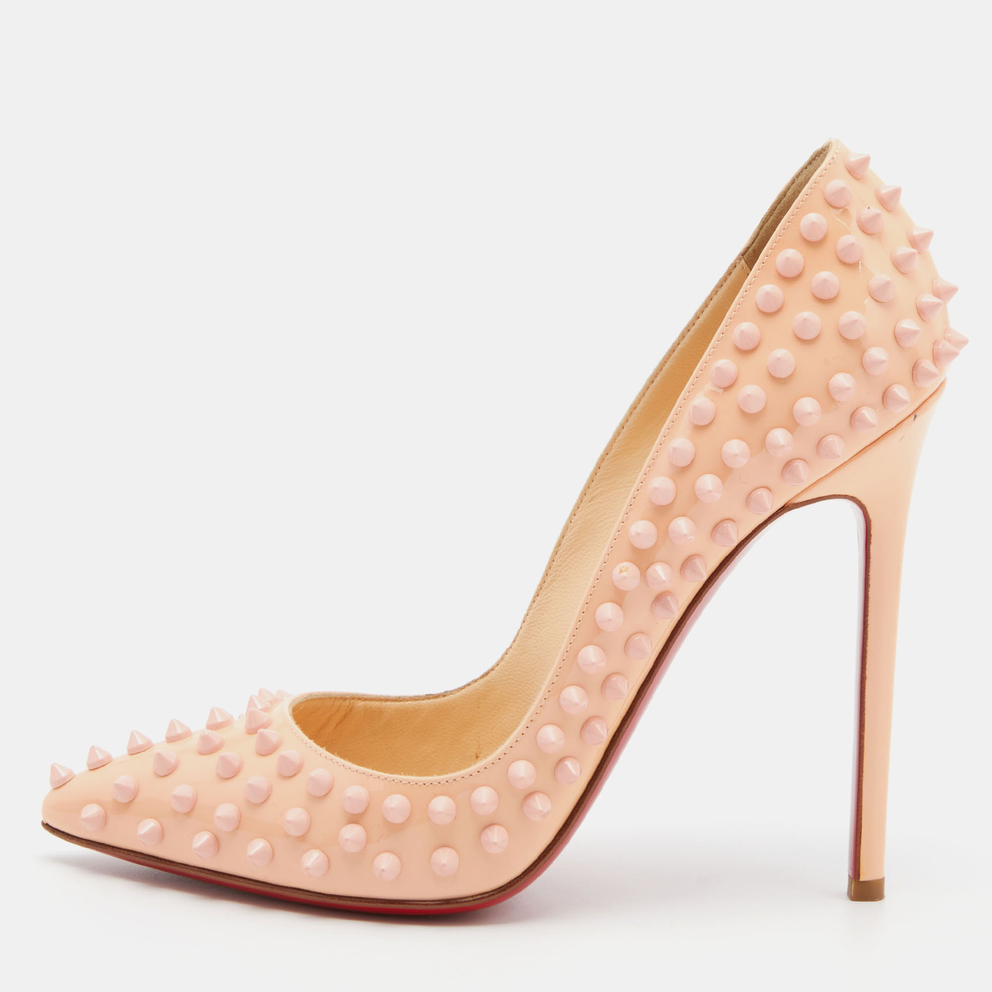 

Christian Louboutin Peach Patent Leather Pigalle Spikes Pointed Toe Pumps Size, Orange
