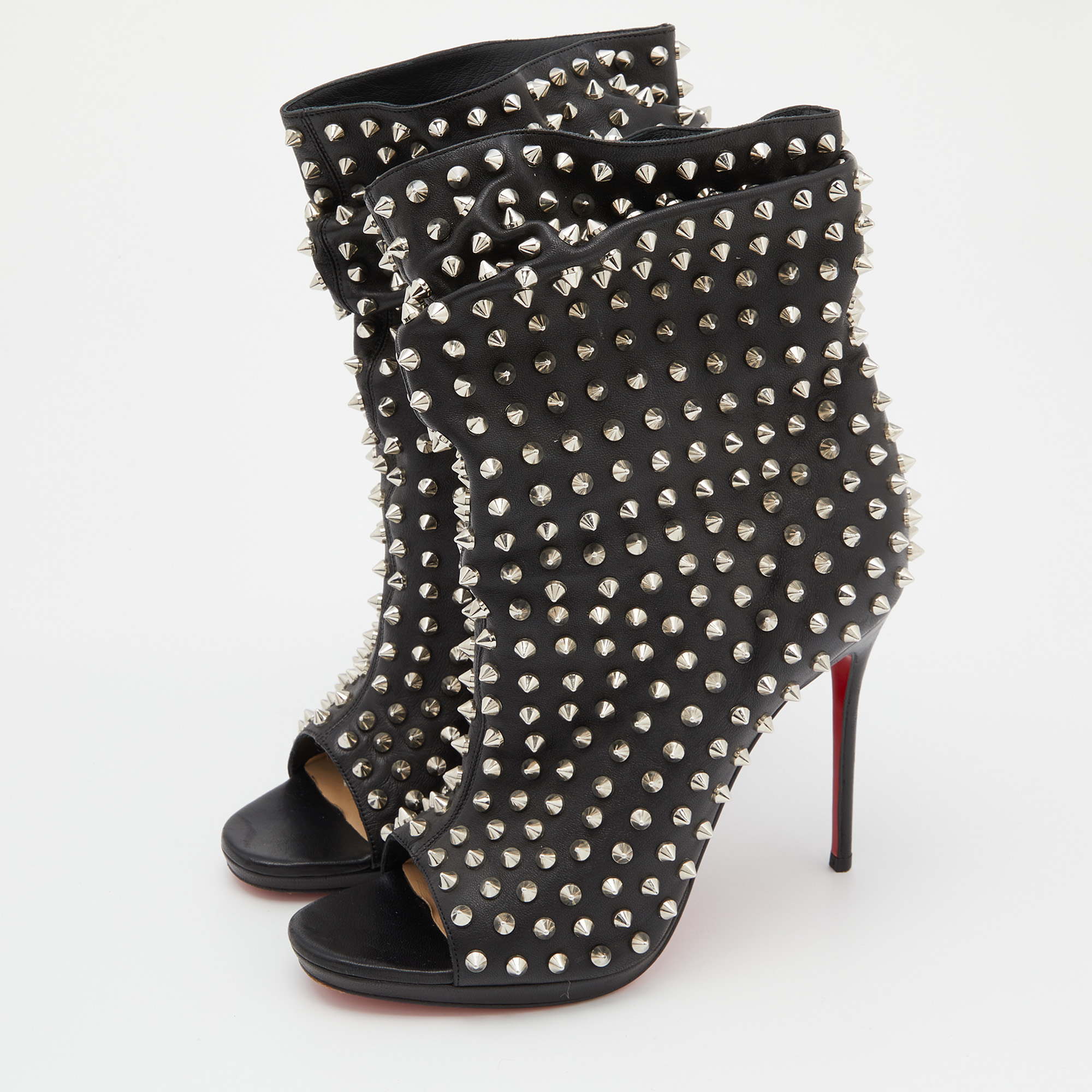 

Christian Louboutin Black Leather Spiked Guerilla Peep Toe Slouchy Ankle Boots Size