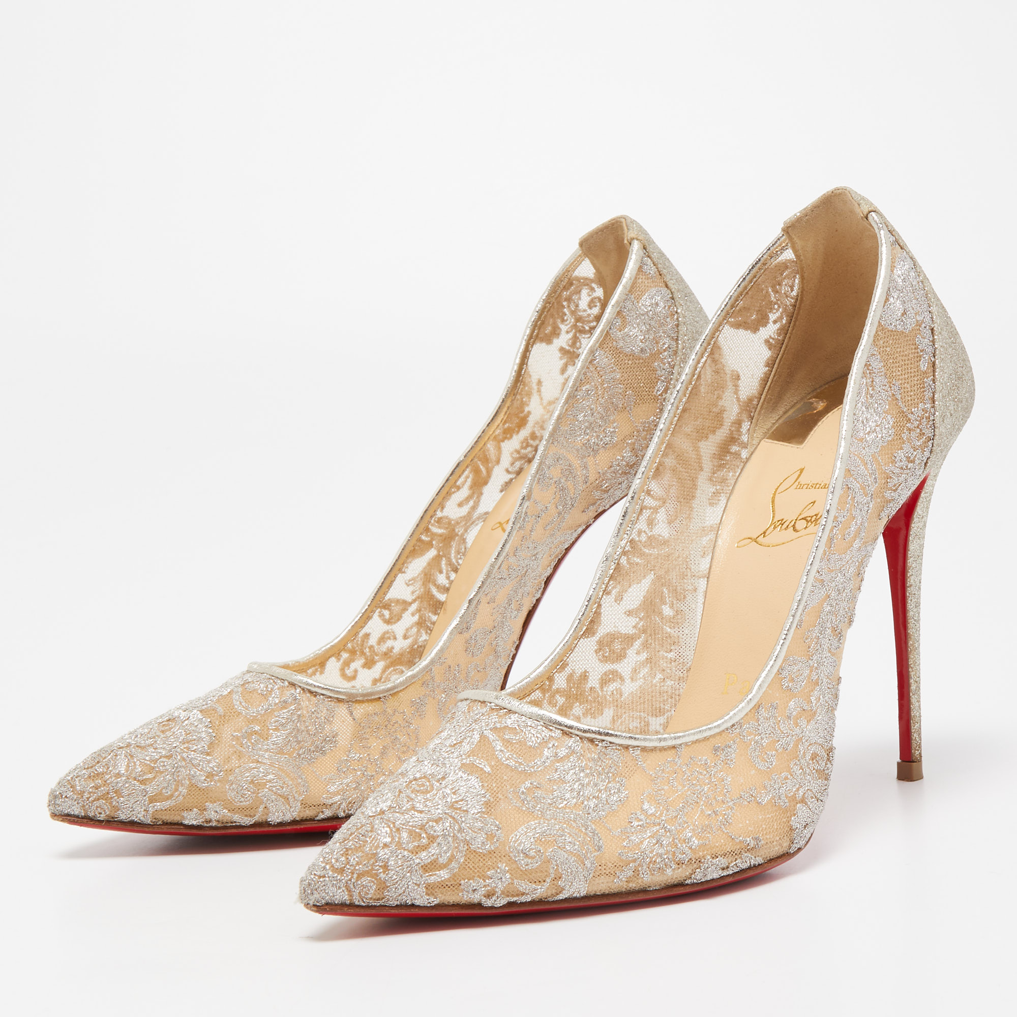 

Christian Louboutin Silver Lace and Glitter Pigalle Follies Pumps Size