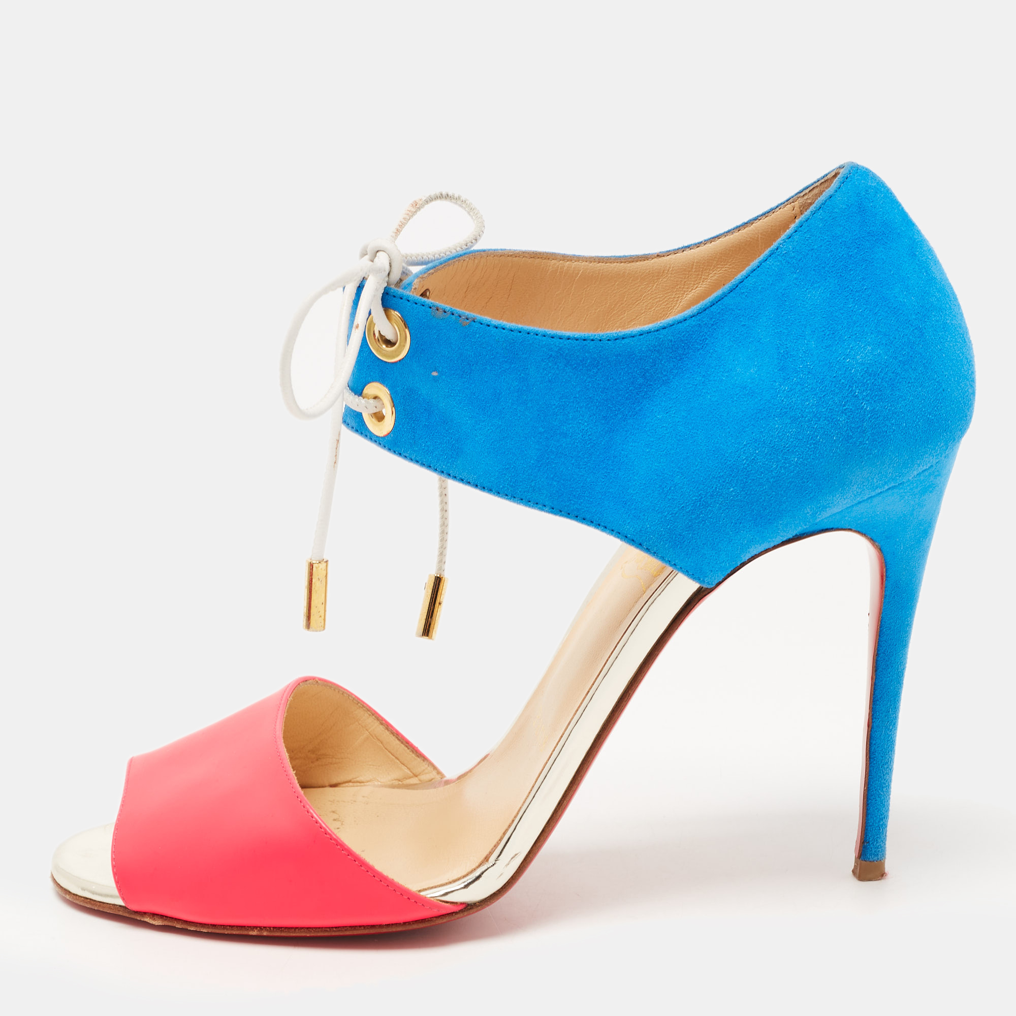 Pre-owned Christian Louboutin Pink/blue Leather And Suede Mayerling Sandals Size 38.5