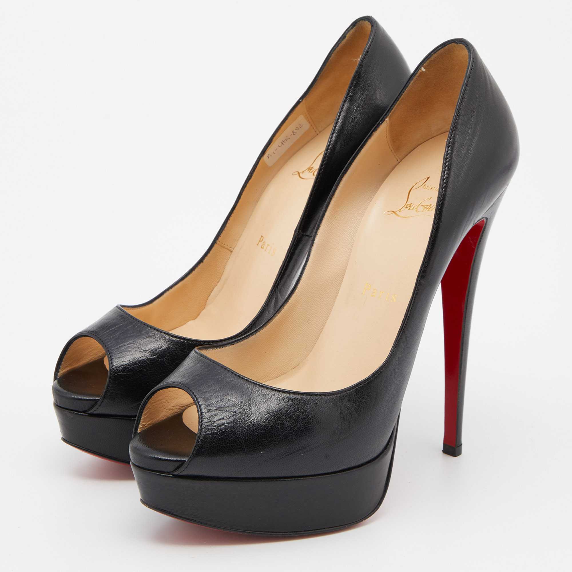 

Christian Louboutin Black Leather Lady Peep Toe Platform Pumps Size