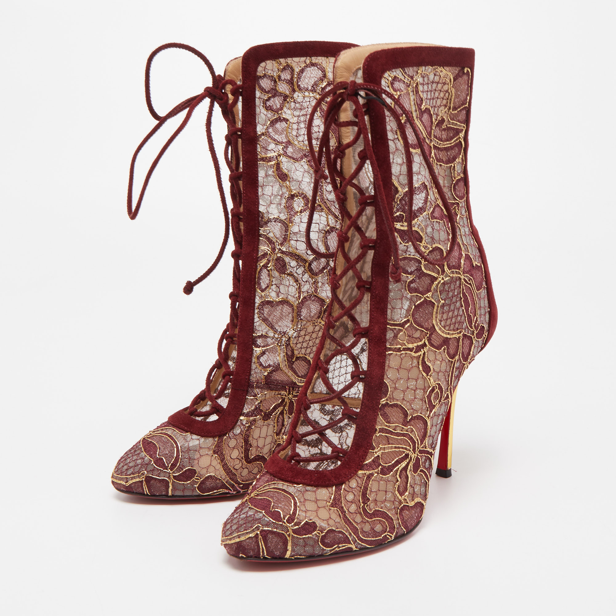 

Christian Louboutin Burgundy Suede and Floral Lace Ankle Booties Size