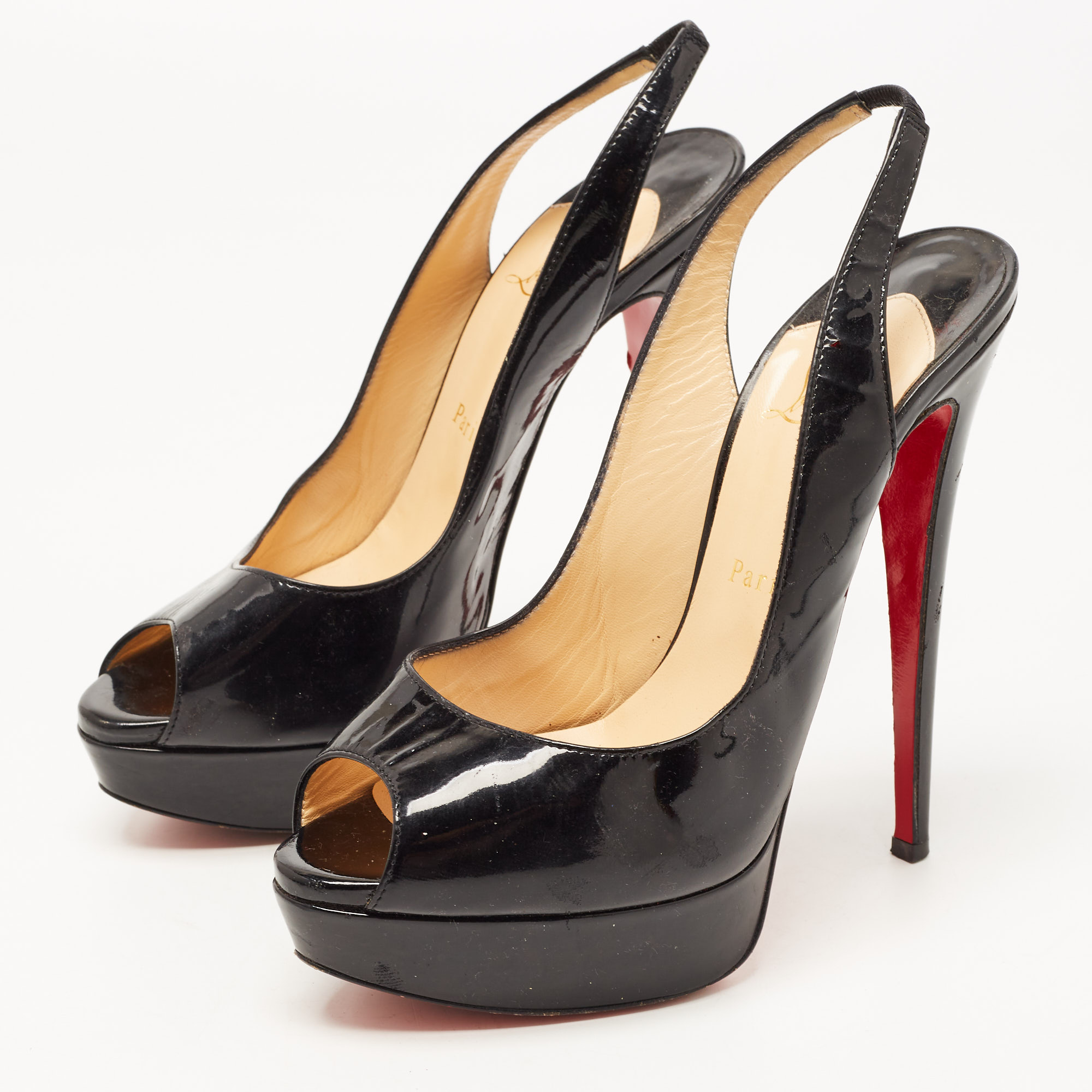 

Christian Louboutin Black Patent Leather Lady Peep Slingback Pumps Size