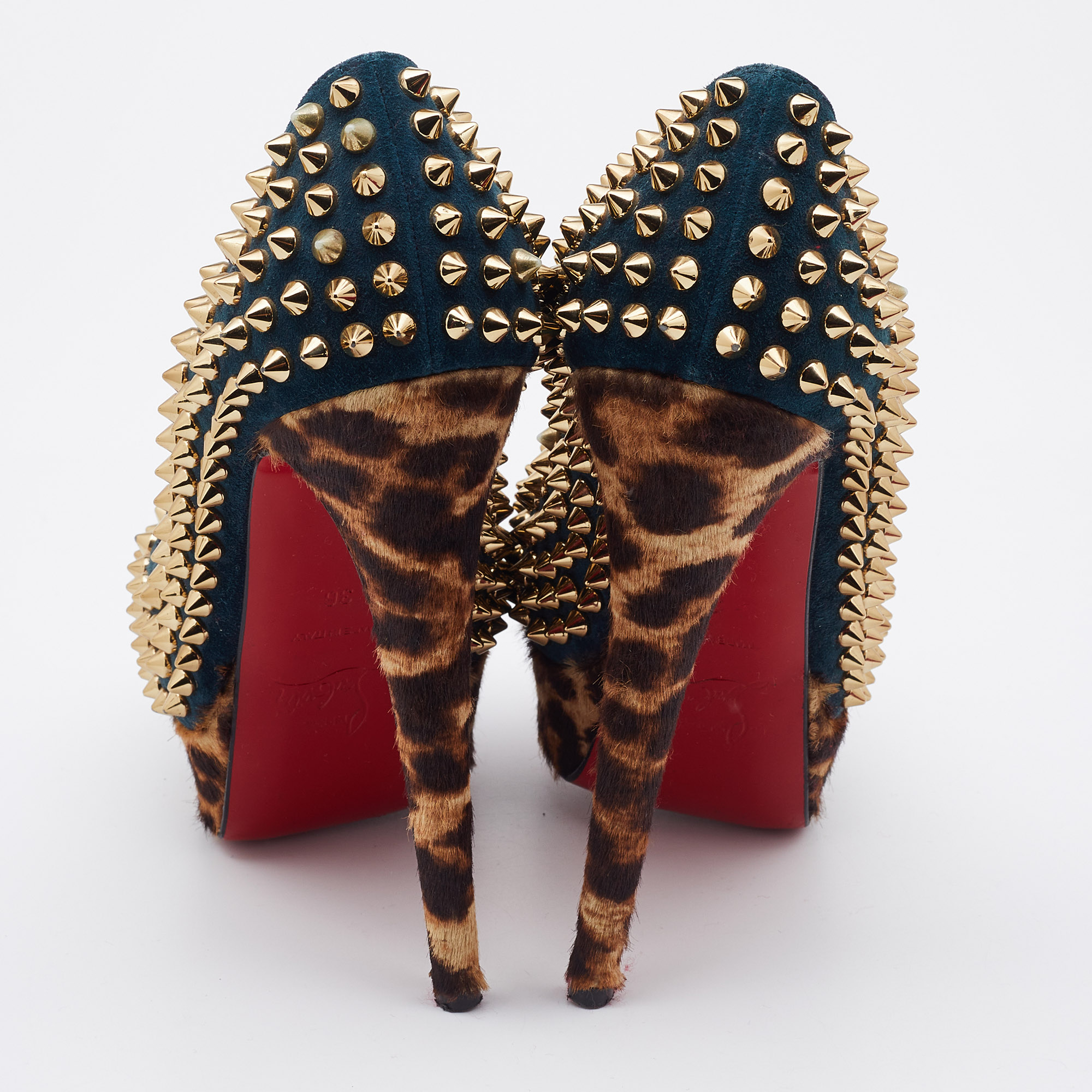 Christian Louboutin Multicolor Suede and Calfhair Lady Peep-Toe Spikes Platform Pumps Size 36 