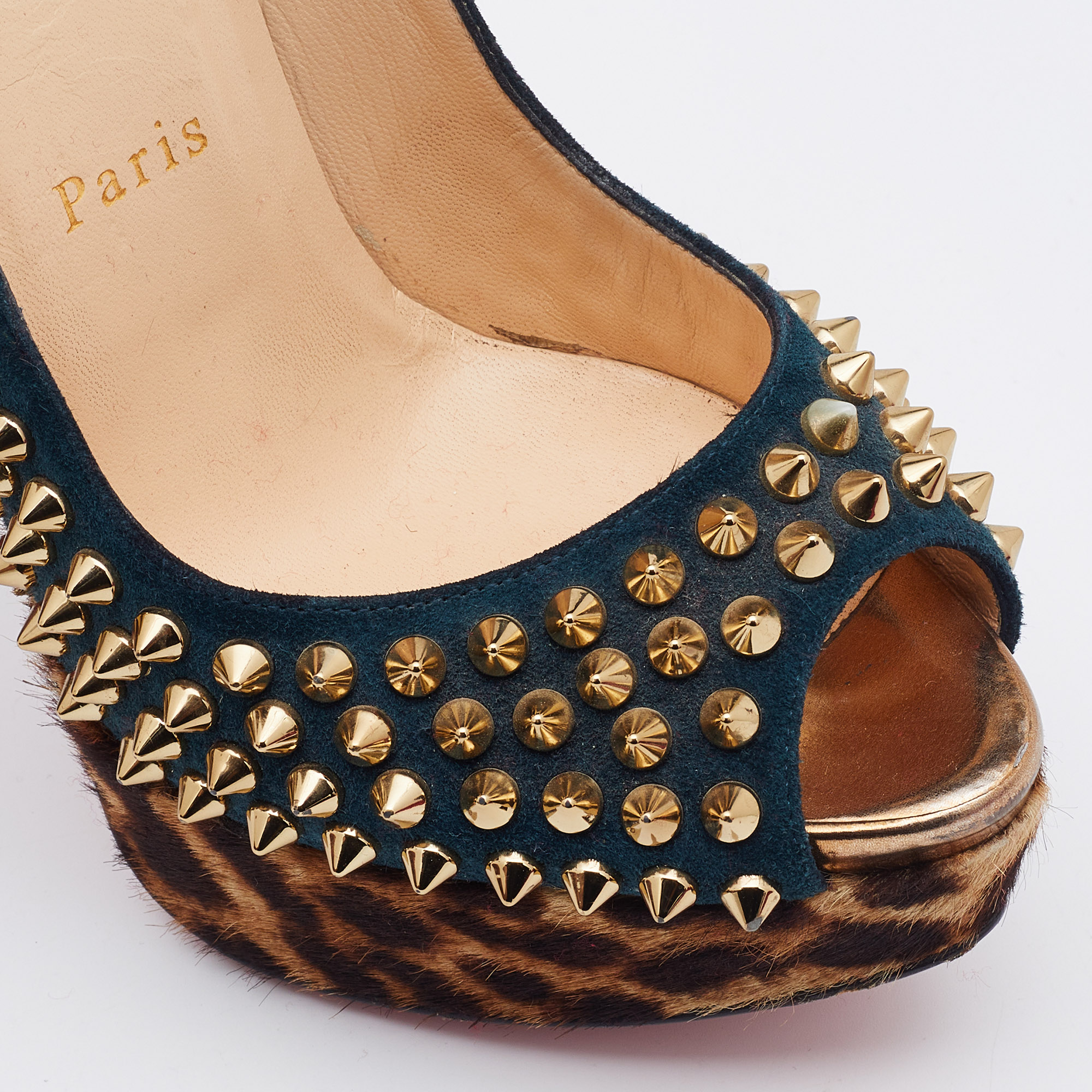 Christian Louboutin Multicolor Suede and Calfhair Lady Peep-Toe Spikes Platform Pumps Size 36 