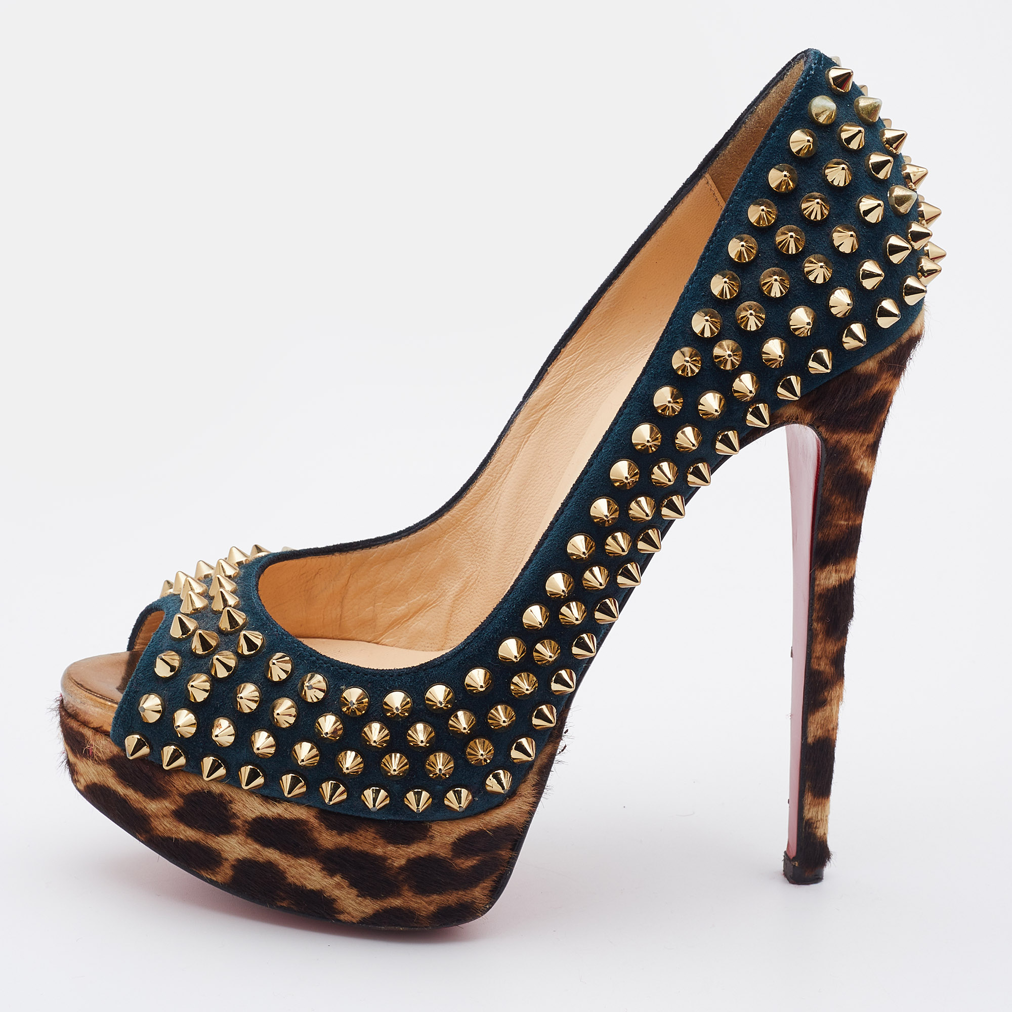 

Christian Louboutin Multicolor Suede and Calfhair Lady Peep-Toe Spikes Platform Pumps Size