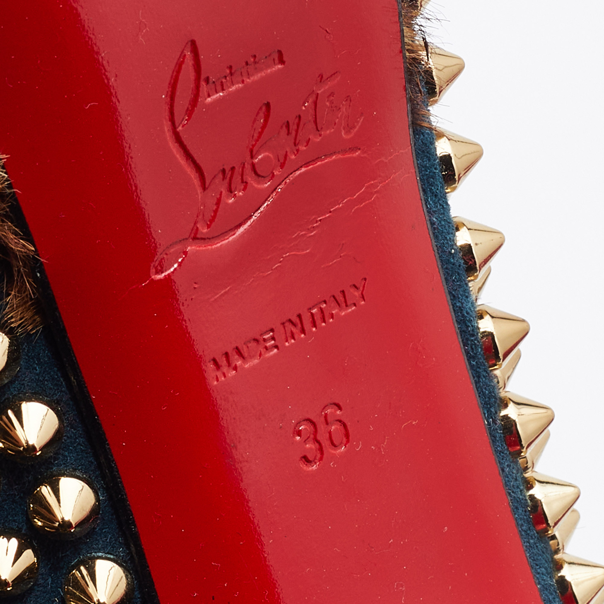 Christian Louboutin Multicolor Suede and Calfhair Lady Peep-Toe Spikes Platform Pumps Size 36 