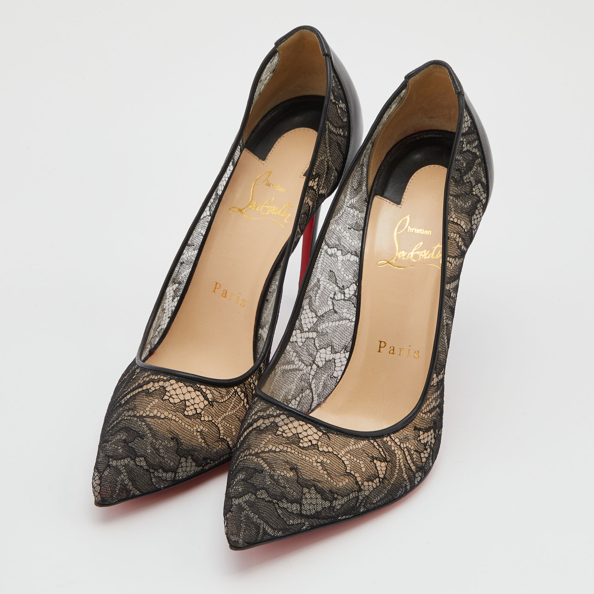 

Christian Louboutin Black Leather and Lace Follies Pointed Toe Pumps Size