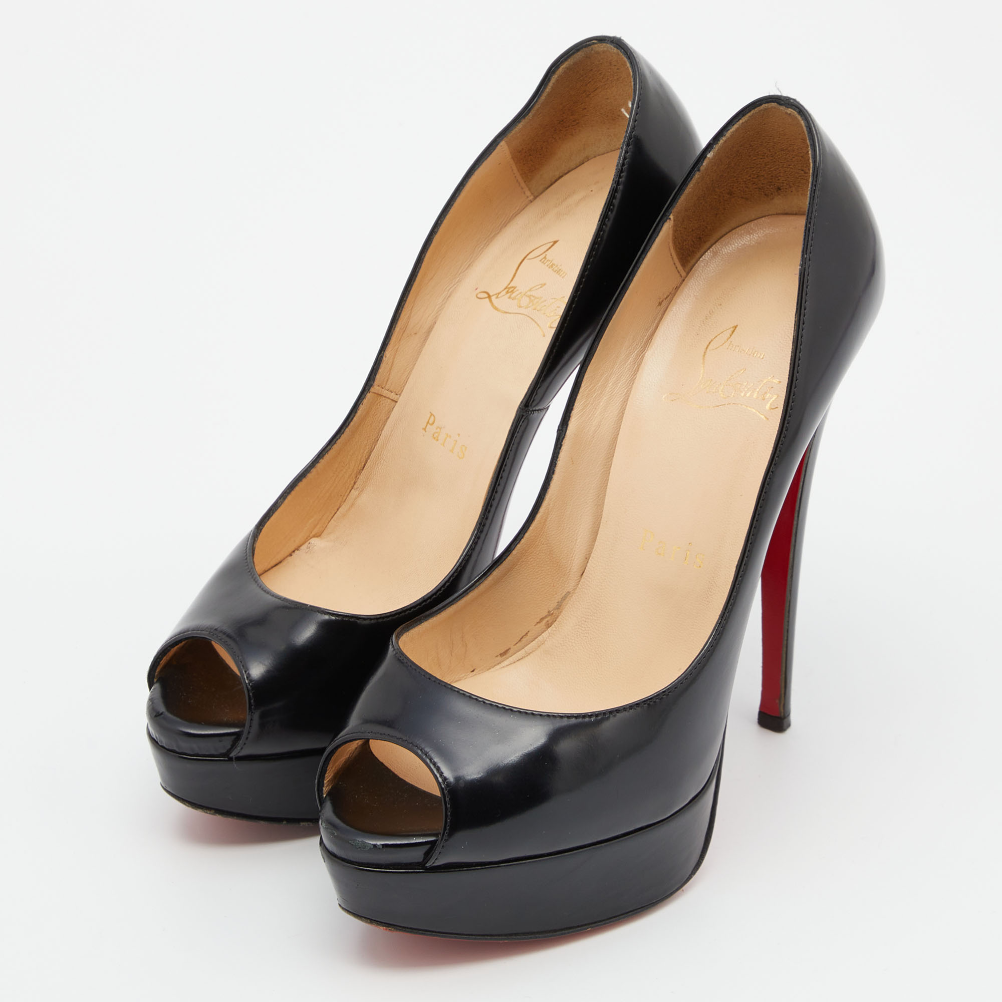 

Christian Louboutin Black Patent Leather Lady Peep Pumps Size