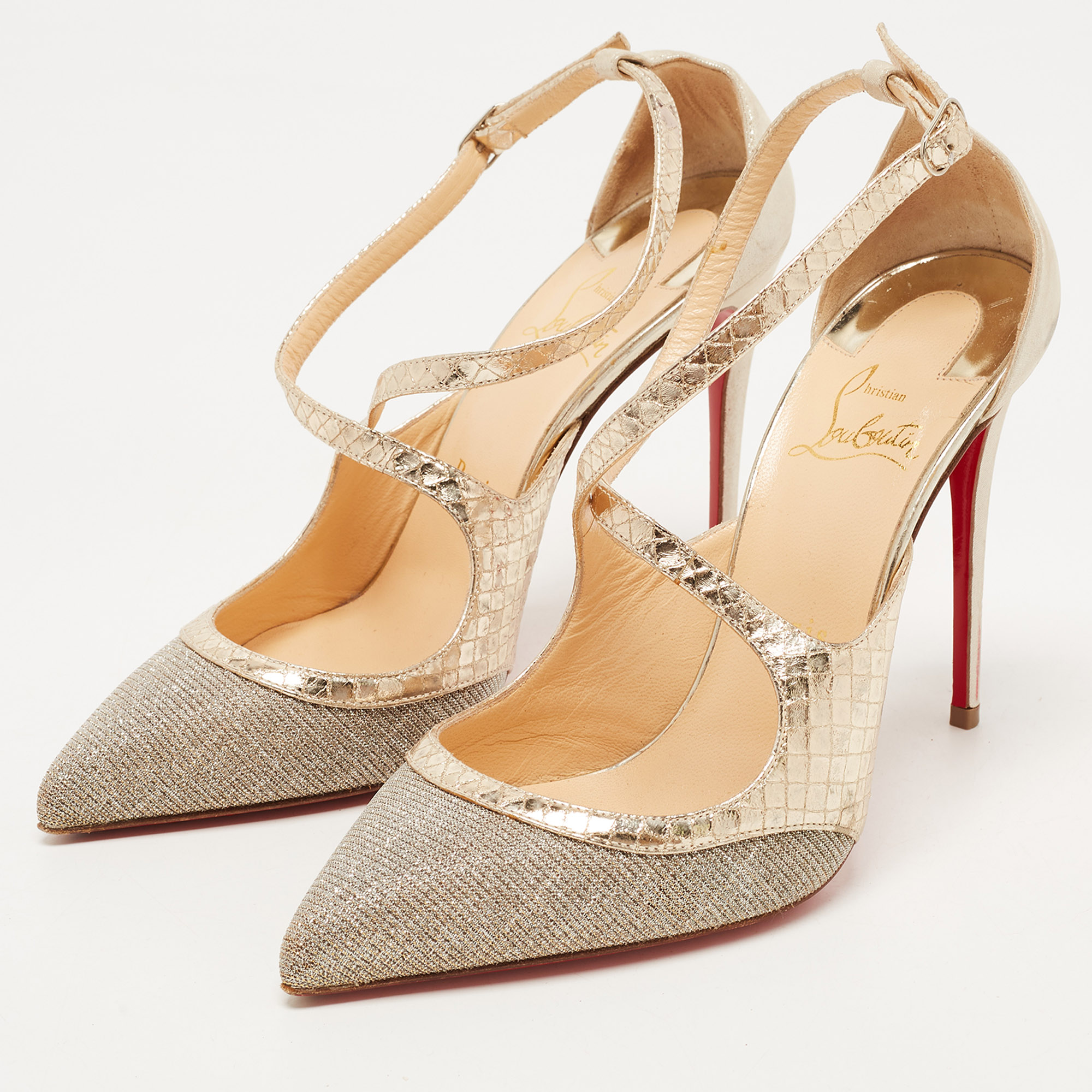 

Christian Louboutin Gold Lurex Fabric and Embossed Snakeskin Cross Strap Pumps Size