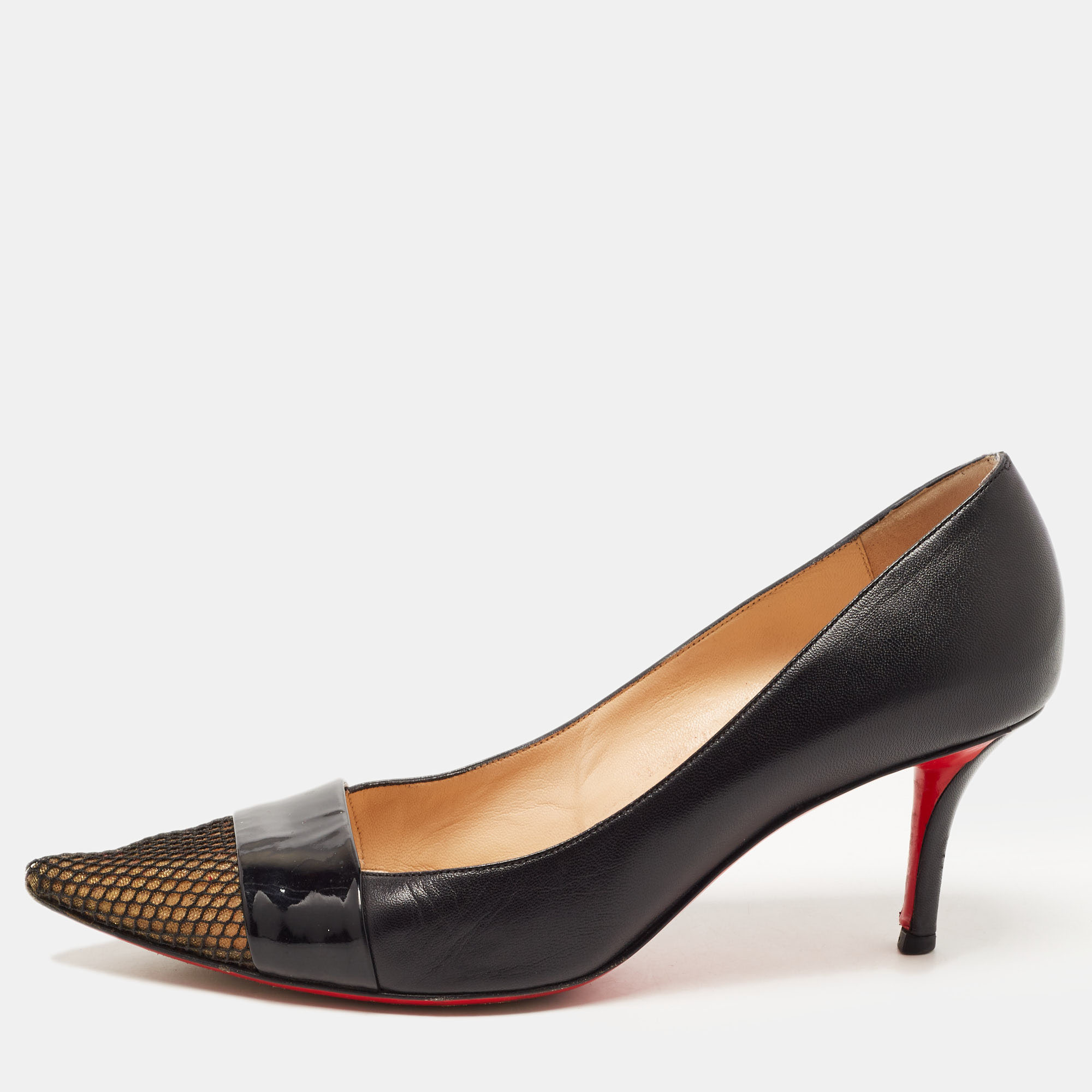 Pre-owned Christian Louboutin Black Leather And Mesh Cap Toe Pumps Size 38