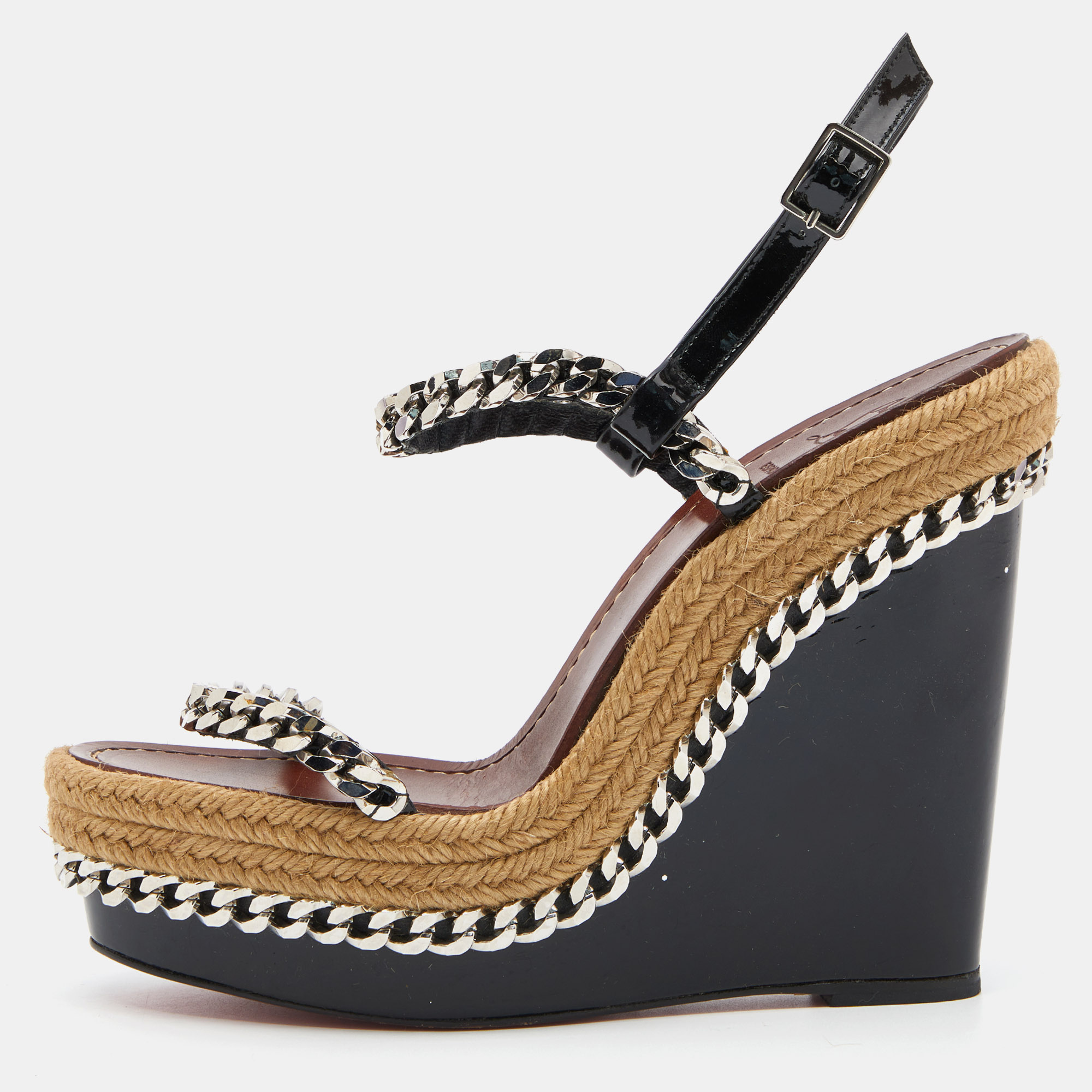Pre-owned Christian Louboutin Black Patent Leather Pyraclou Espadrille Wedge Sandals Size 39