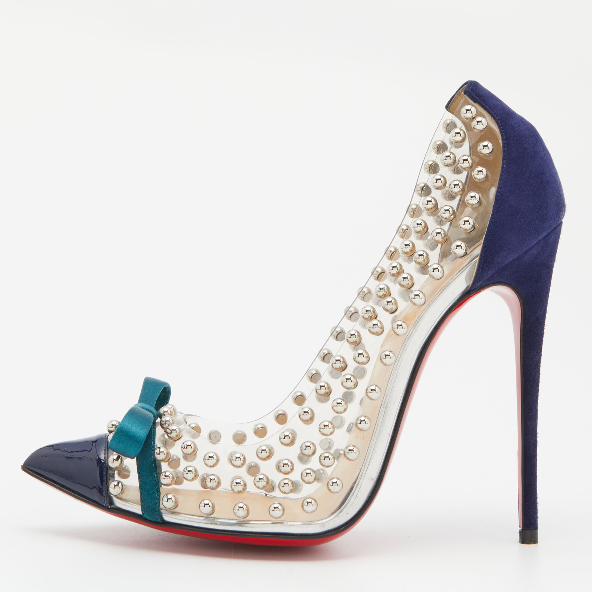 Pre-owned Christian Louboutin Transparent/blue Studded Pvc Suede And Patent Leather Bille Et Boule Pumps Size 38.5