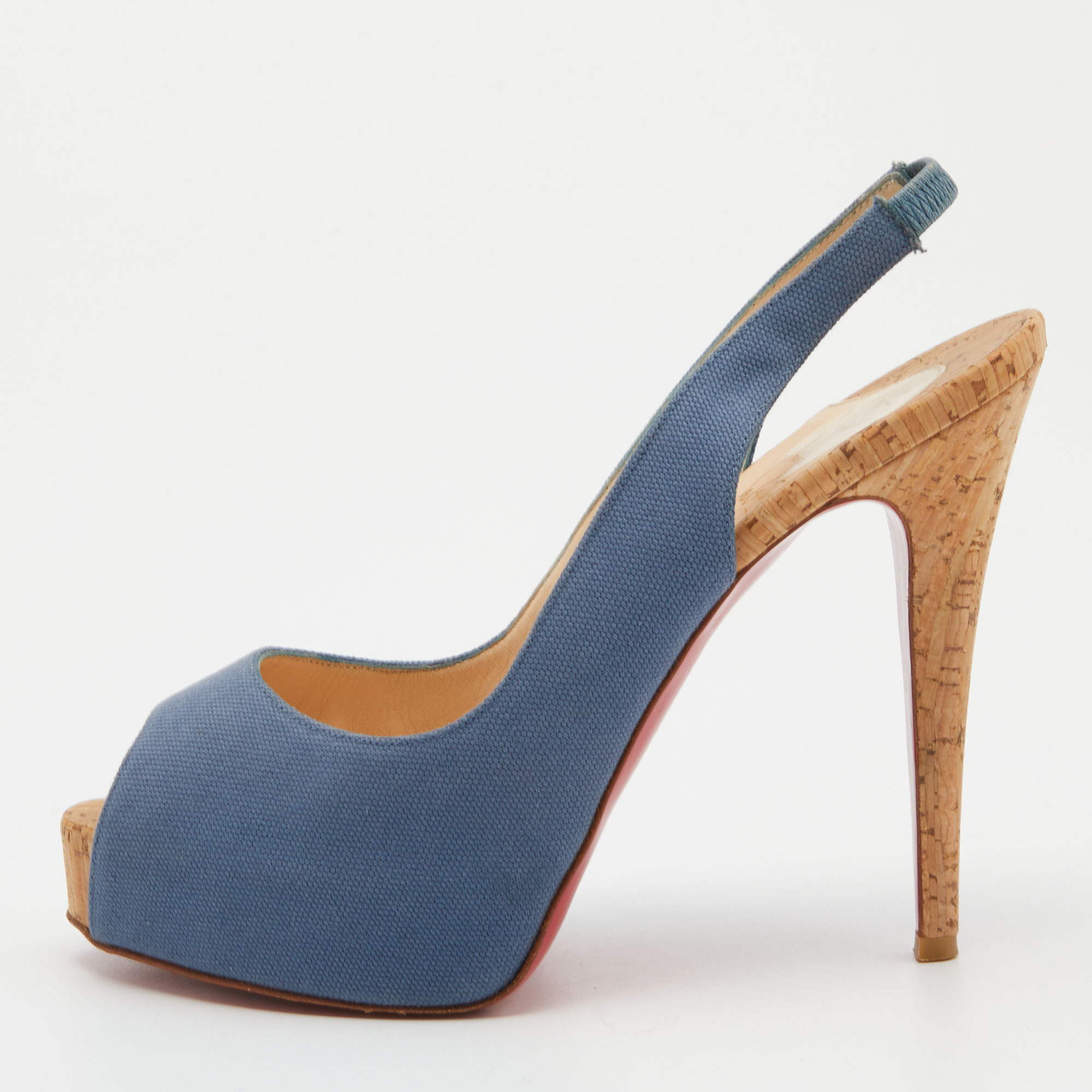 Pre-owned Christian Louboutin Blue Canvas No Prive Slingback Pumps Size 38