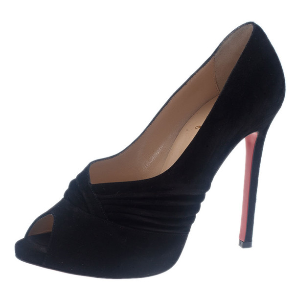 Pre Owned Christian Louboutin Black Pleated Suede Peep Toe Pumps Size 38.5