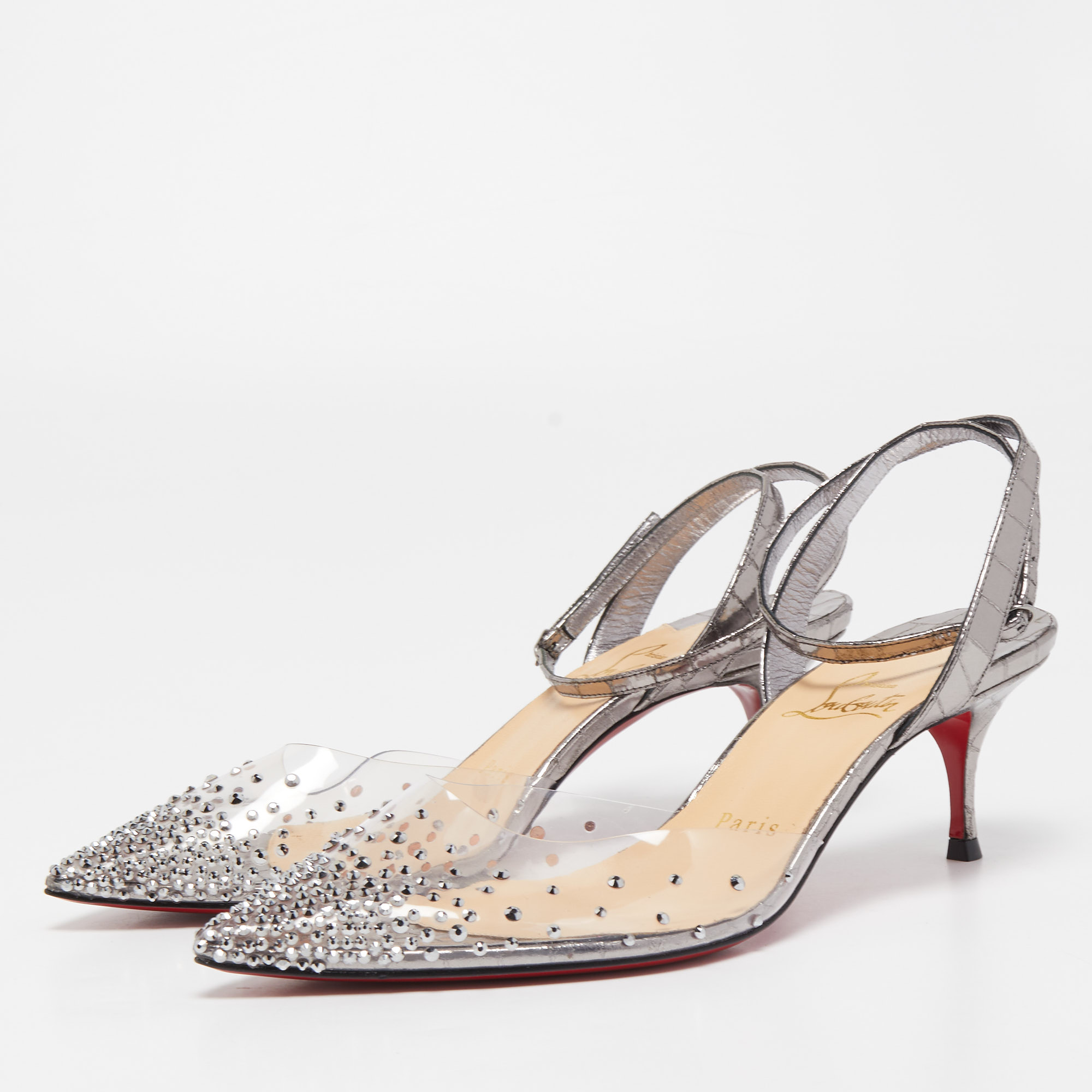 

Christian Louboutin Silver Croc Embossed Leather and PVC Spikaqueen Ankle Strap Pumps Size