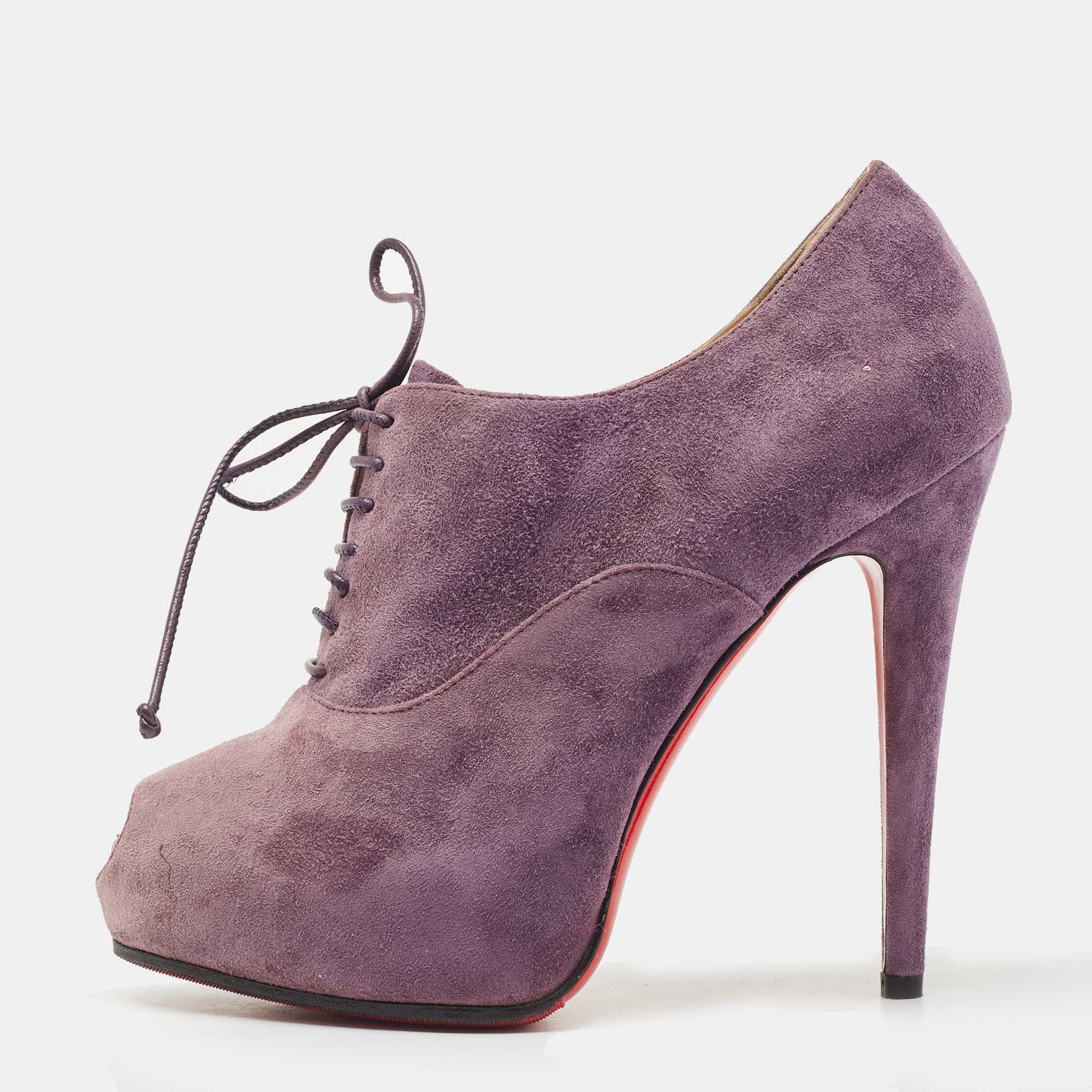 Pre-owned Christian Louboutin Purple Suede Peep Toe Lace Up Booties Size 35.5