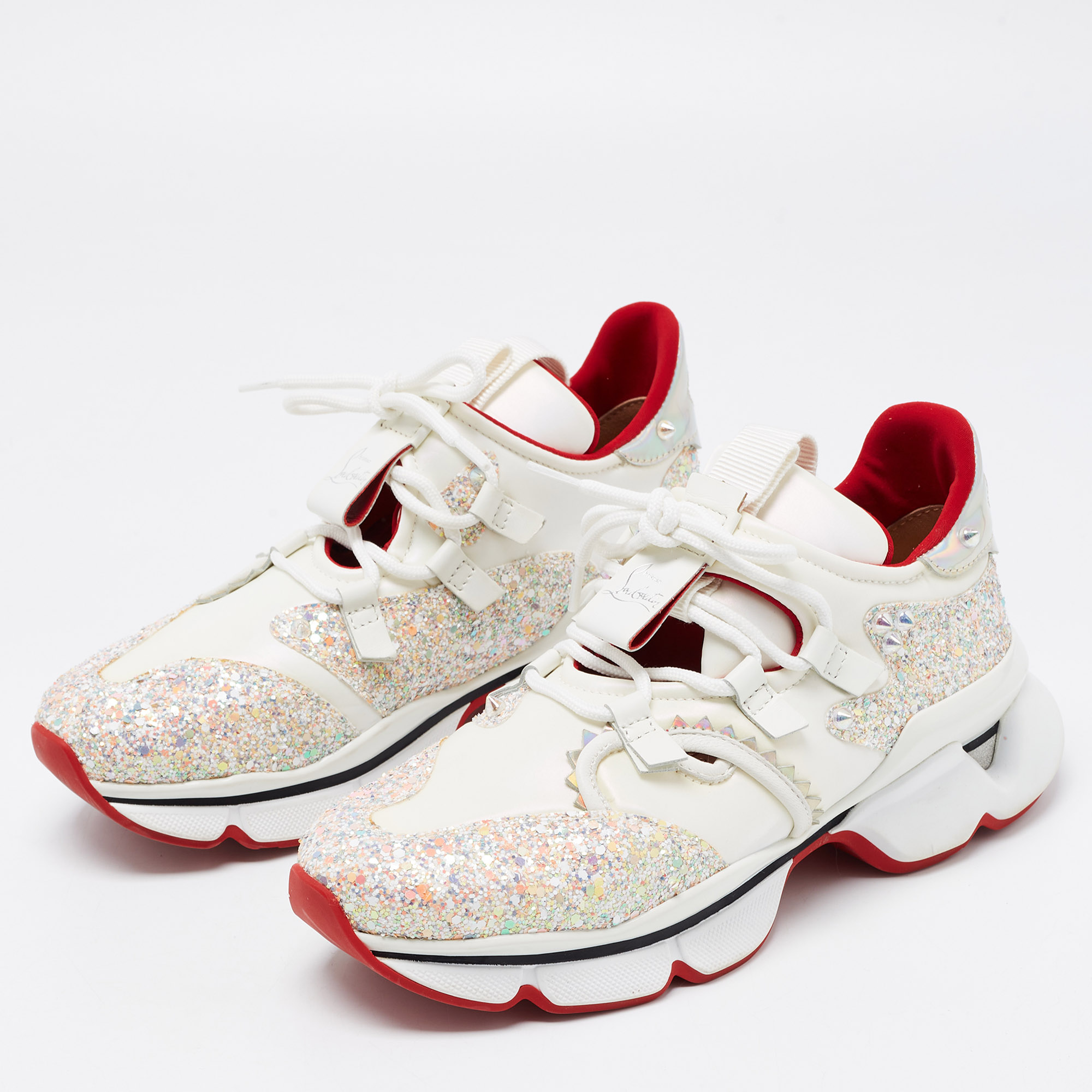 

Christian Louboutin White/Pink Leather and Coarse Glitter Red Runner Donna Sneakers Size