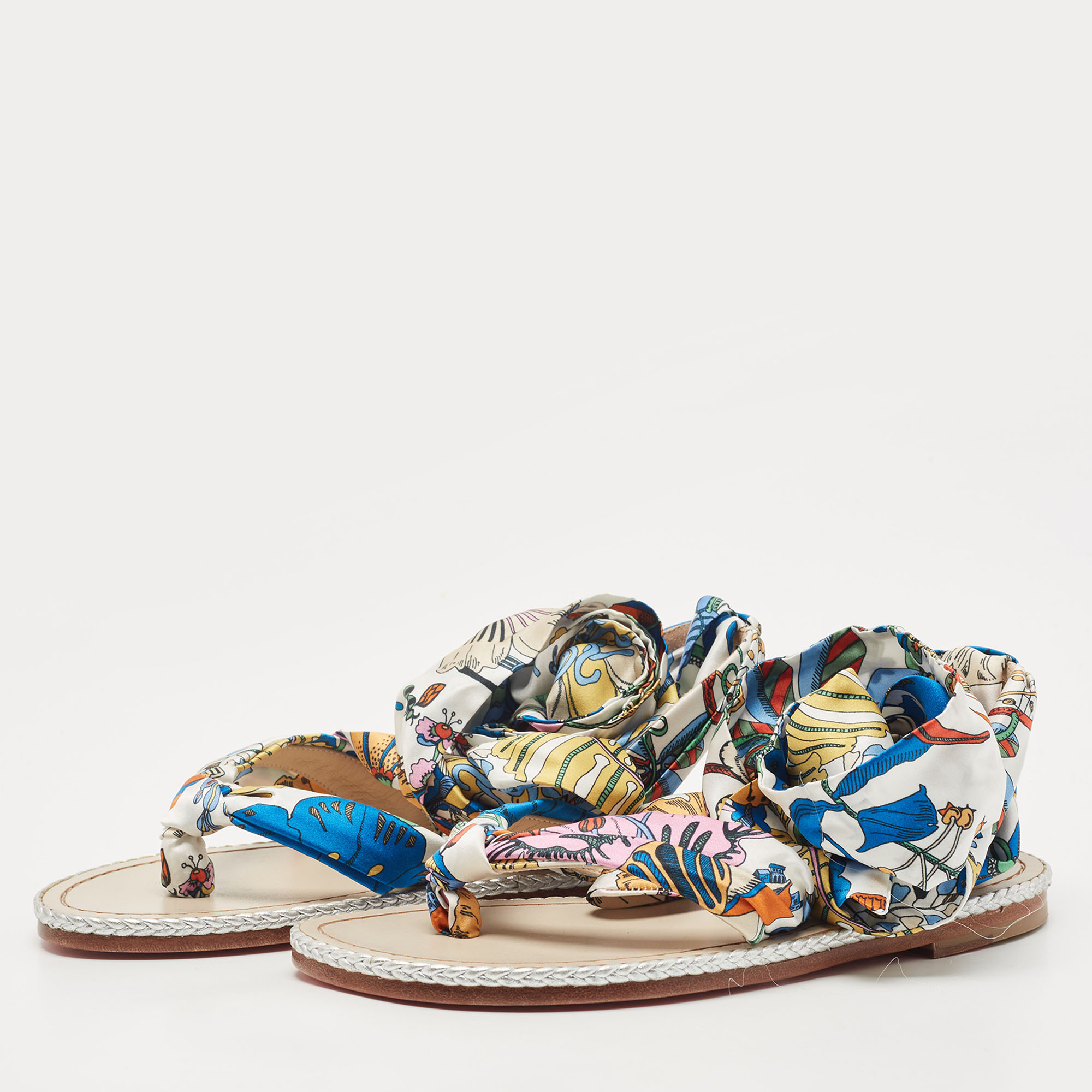 

Christian Louboutin Multicolor Printed Satin Niloofar Ankle Wrap Flat Sandals Size