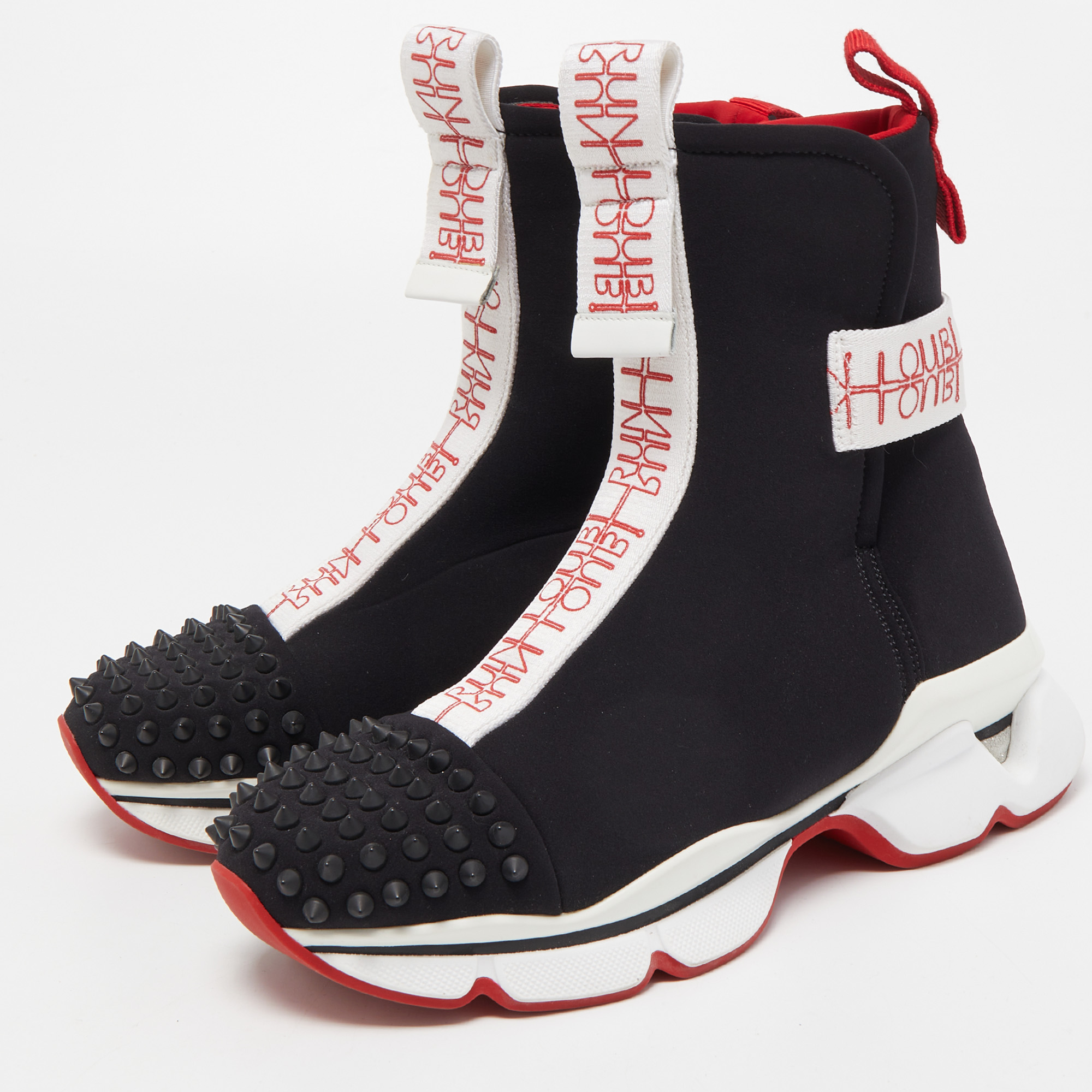 

Christian Louboutin Black Stretch Fabric Spike Hotel Space High Top Sneakers Size