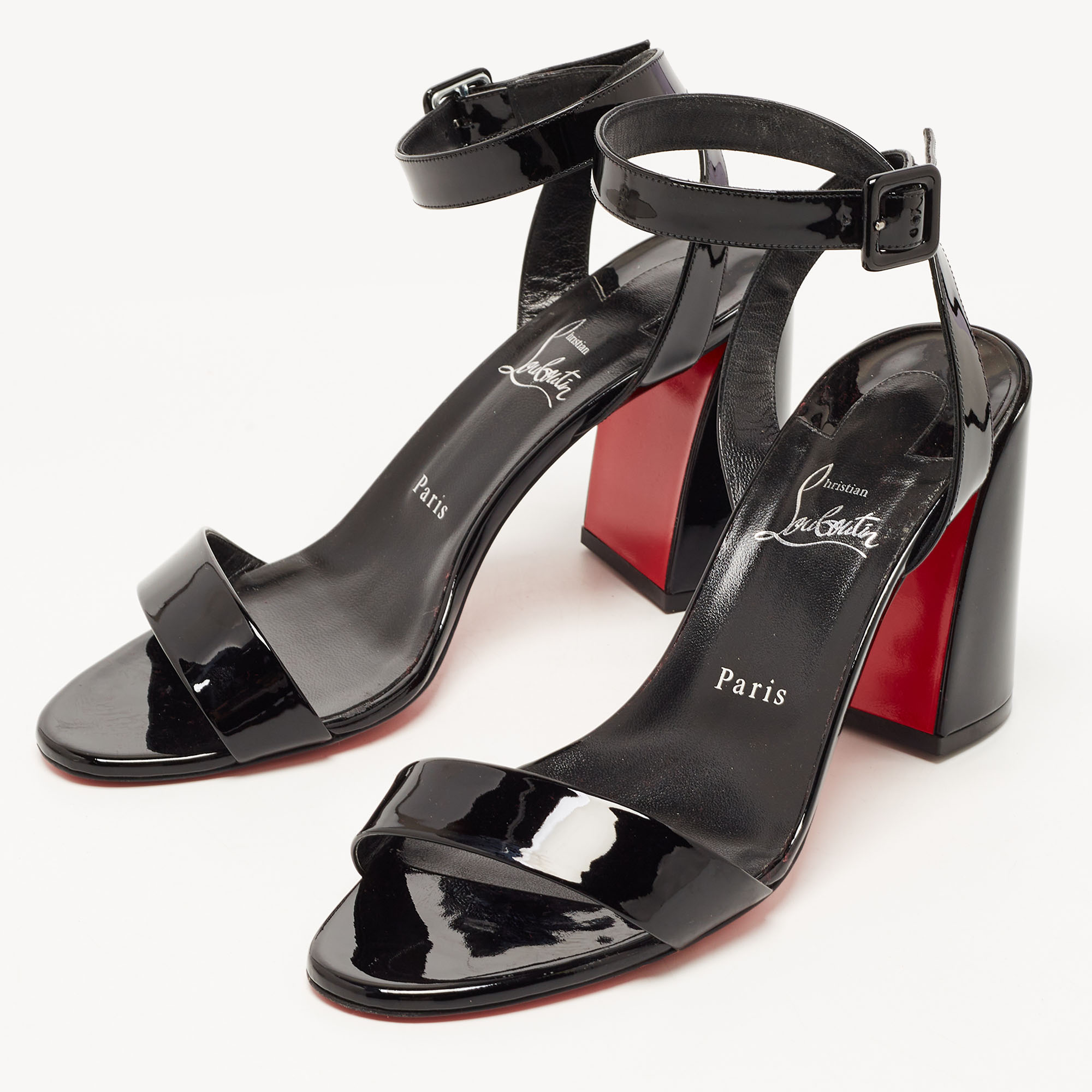 

Christian Louboutin Black Patent Leather Miss Sabina Block Heel Ankle Strap Sandals Size