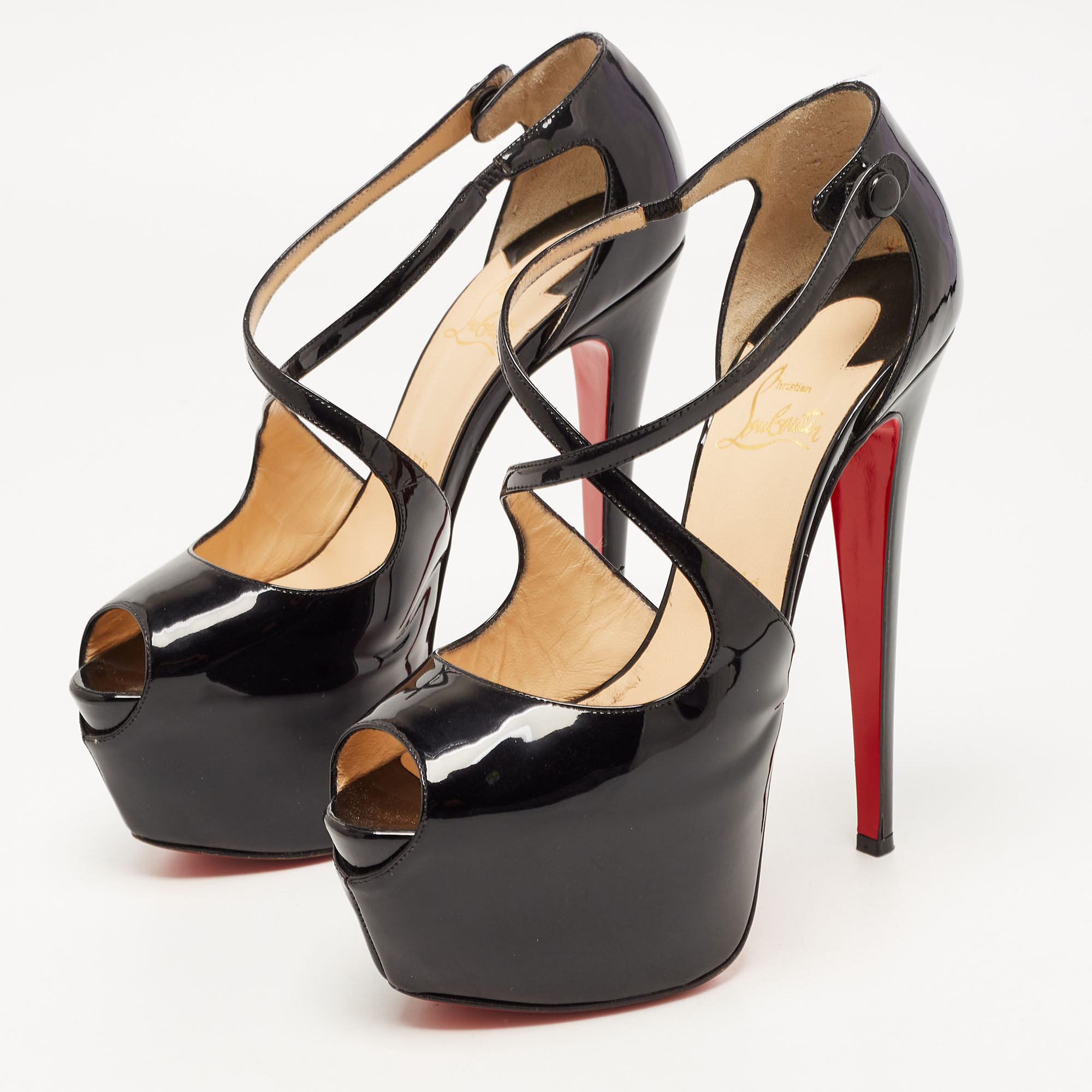 

Christian Louboutin Black Patent Leather Exgona Sandals Size
