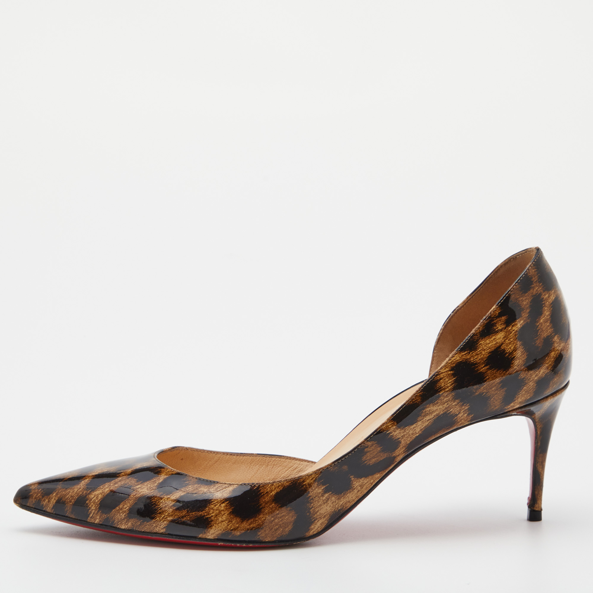 

Christian Louboutin Brown Leopard Print Patent Leather Iriza Pointed Toe D'orsay Pumps Size