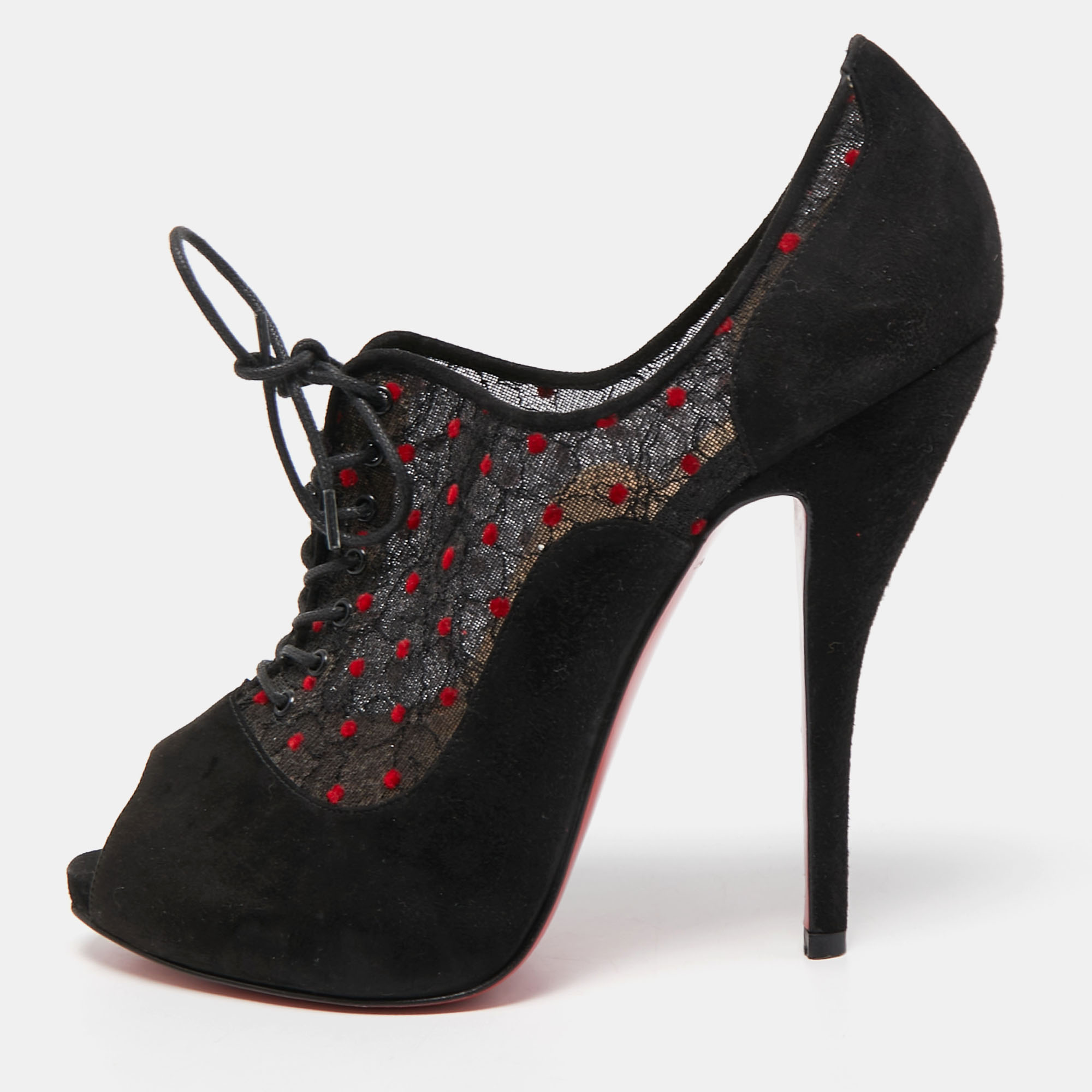 

Christian Louboutin Black Suede and Mesh Peep Toe Platform Ankle Booties Size