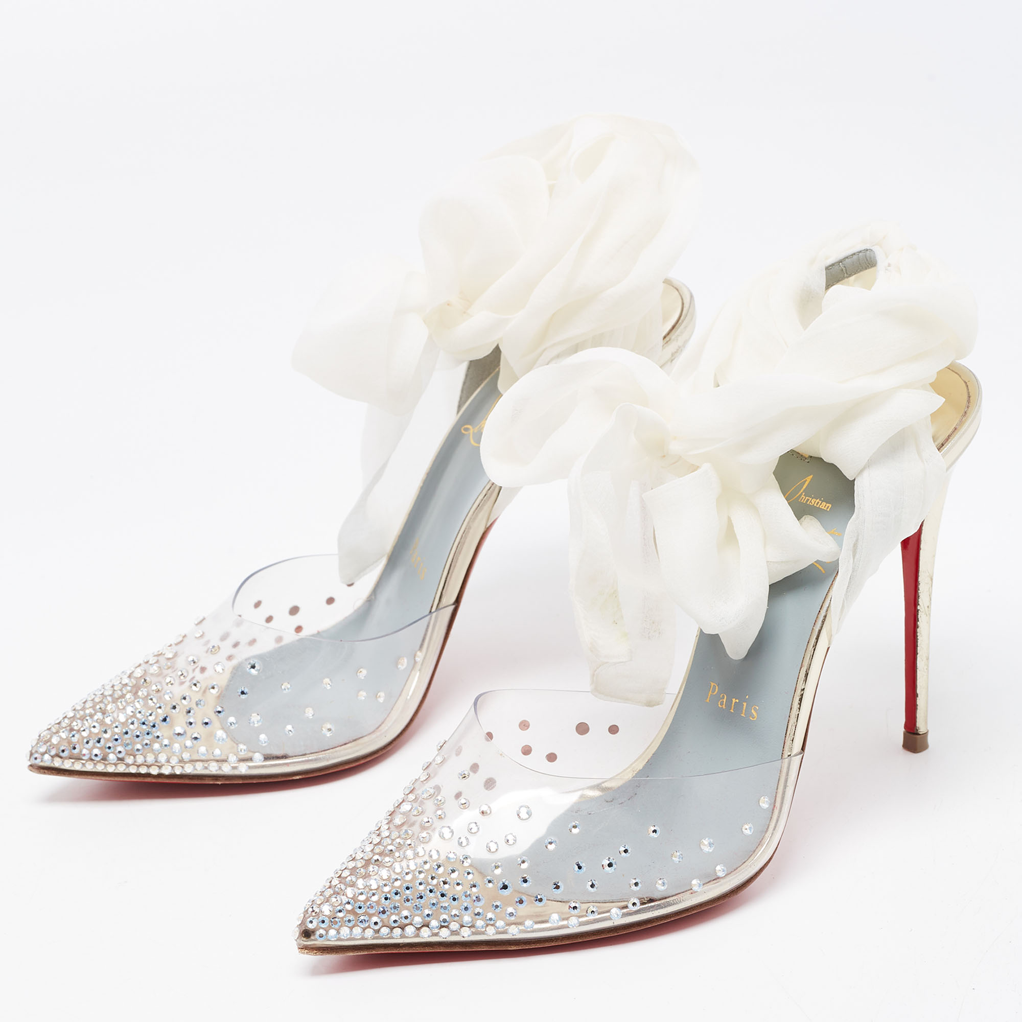 

Christian Louboutin Transparent/White PVC and Lace Spikaqueen Ankle Tie Pumps Size