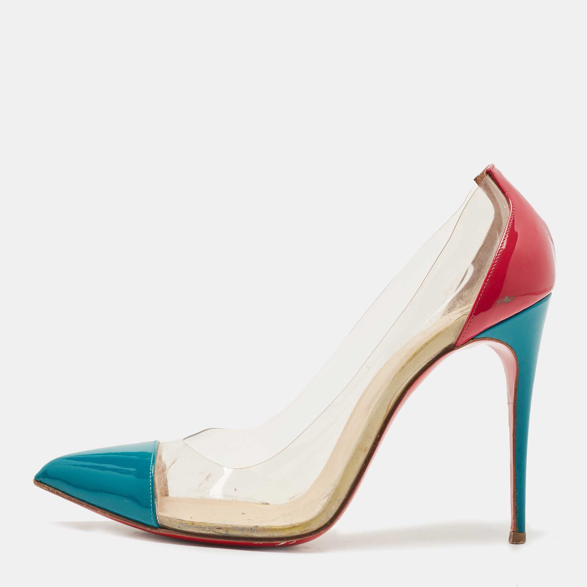 Pre-owned Christian Louboutin Pink/green Patent Leather And Pvc Debout Pointed Toe Pumps Size 38.5