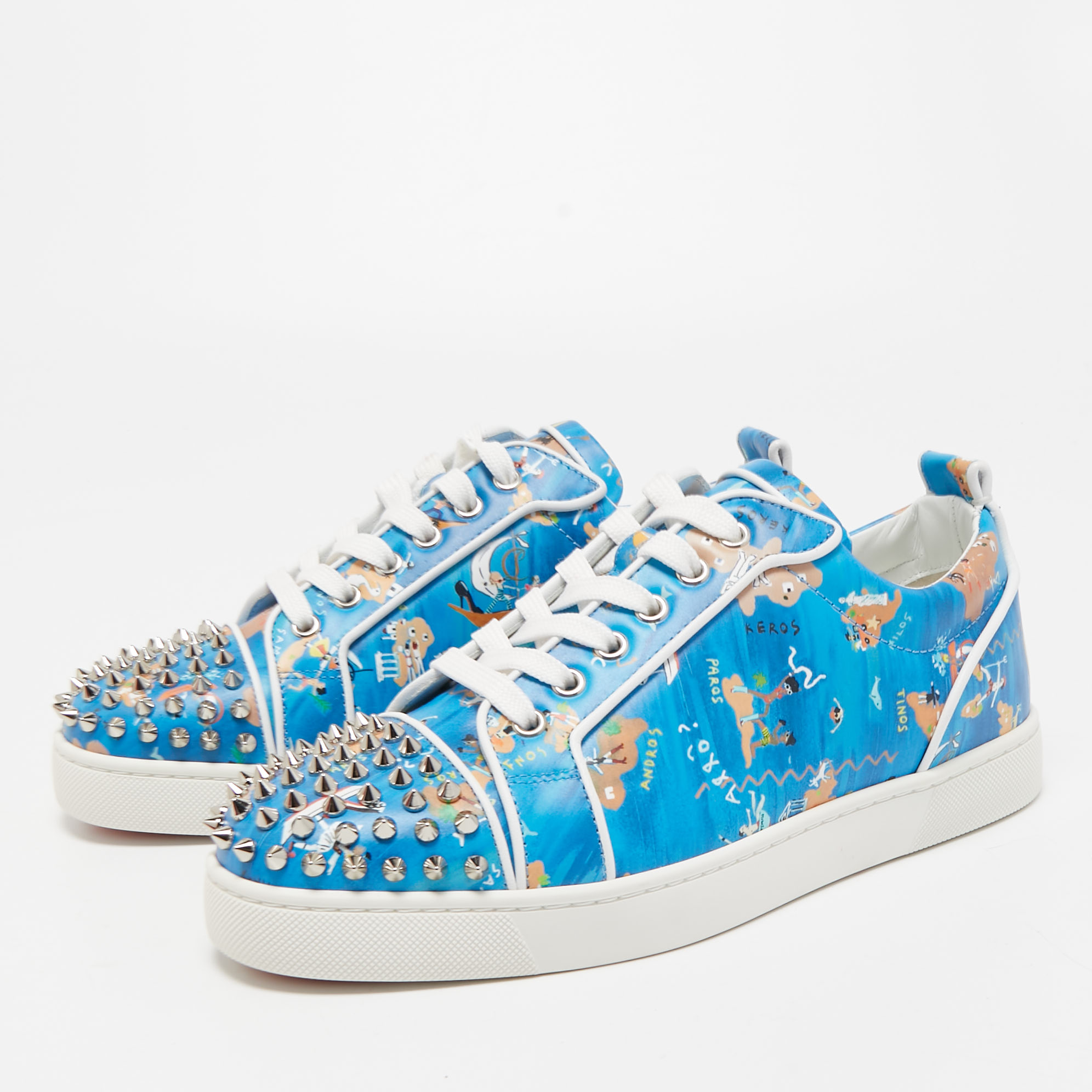 

Christian Louboutin Blue Printed Leather Louis Junior Spikes Orlato Low Top Sneakers Size