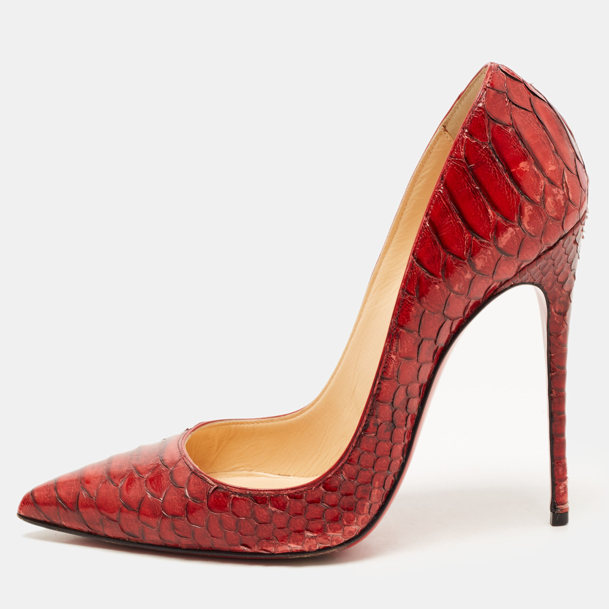 Pre-owned Christian Louboutin Red Python So Kate Pointed Toe Pumps Size 36.5