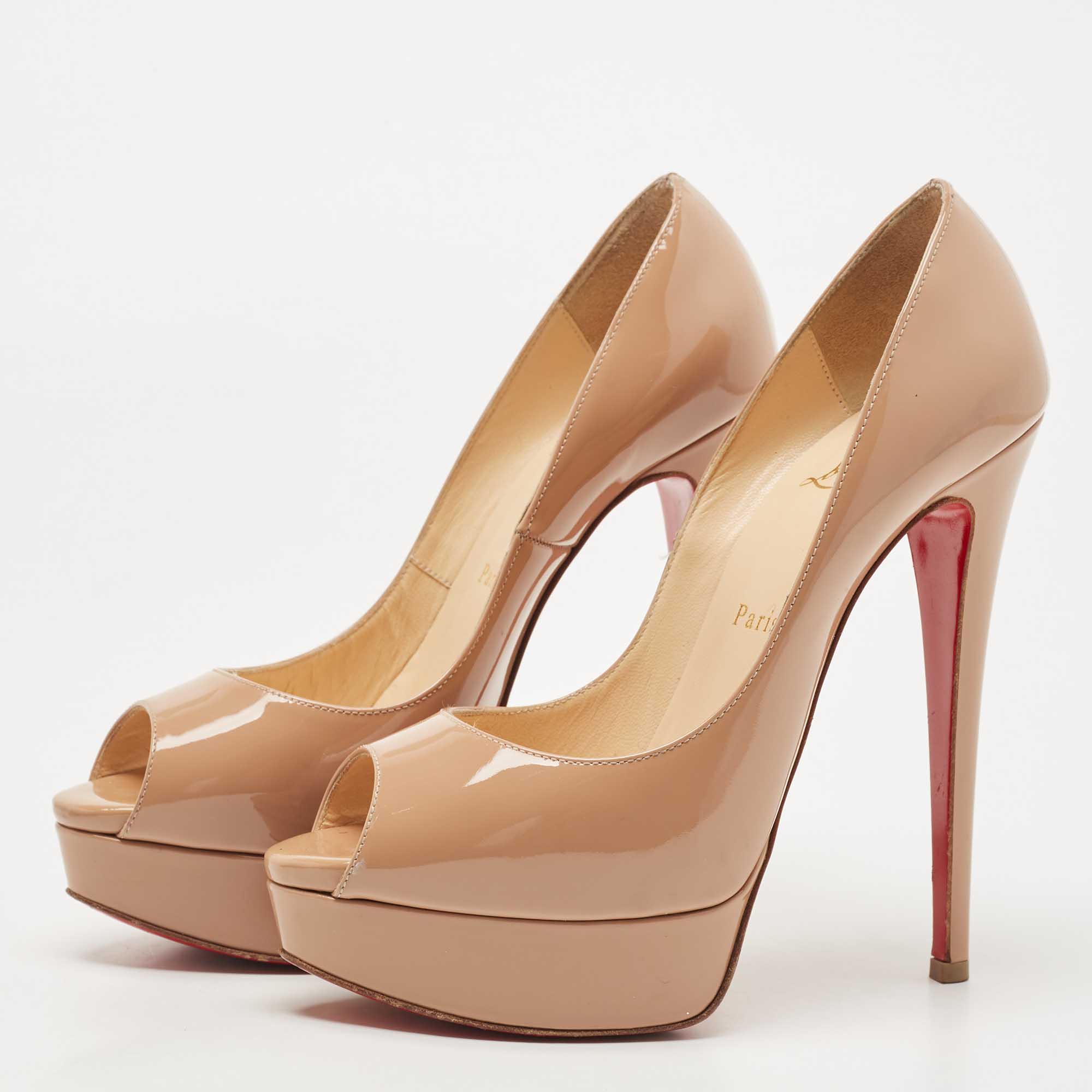 

Christian Louboutin Beige Patent Leather Lady Peep Pumps Size