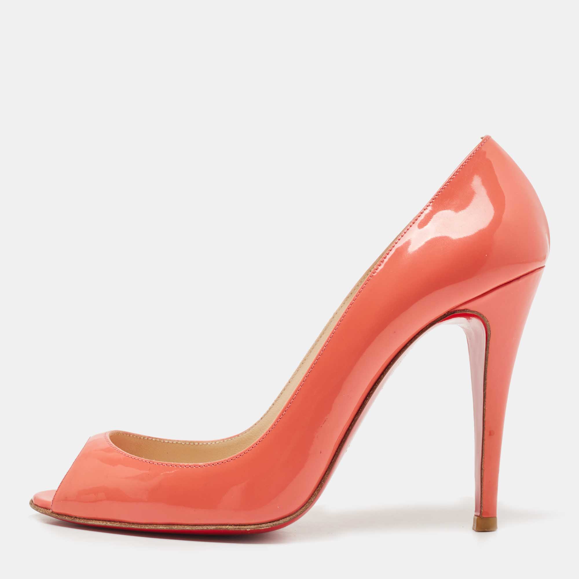 Pre-owned Christian Louboutin Pink Patent Leather Flo Pumps Size 37 In Orange