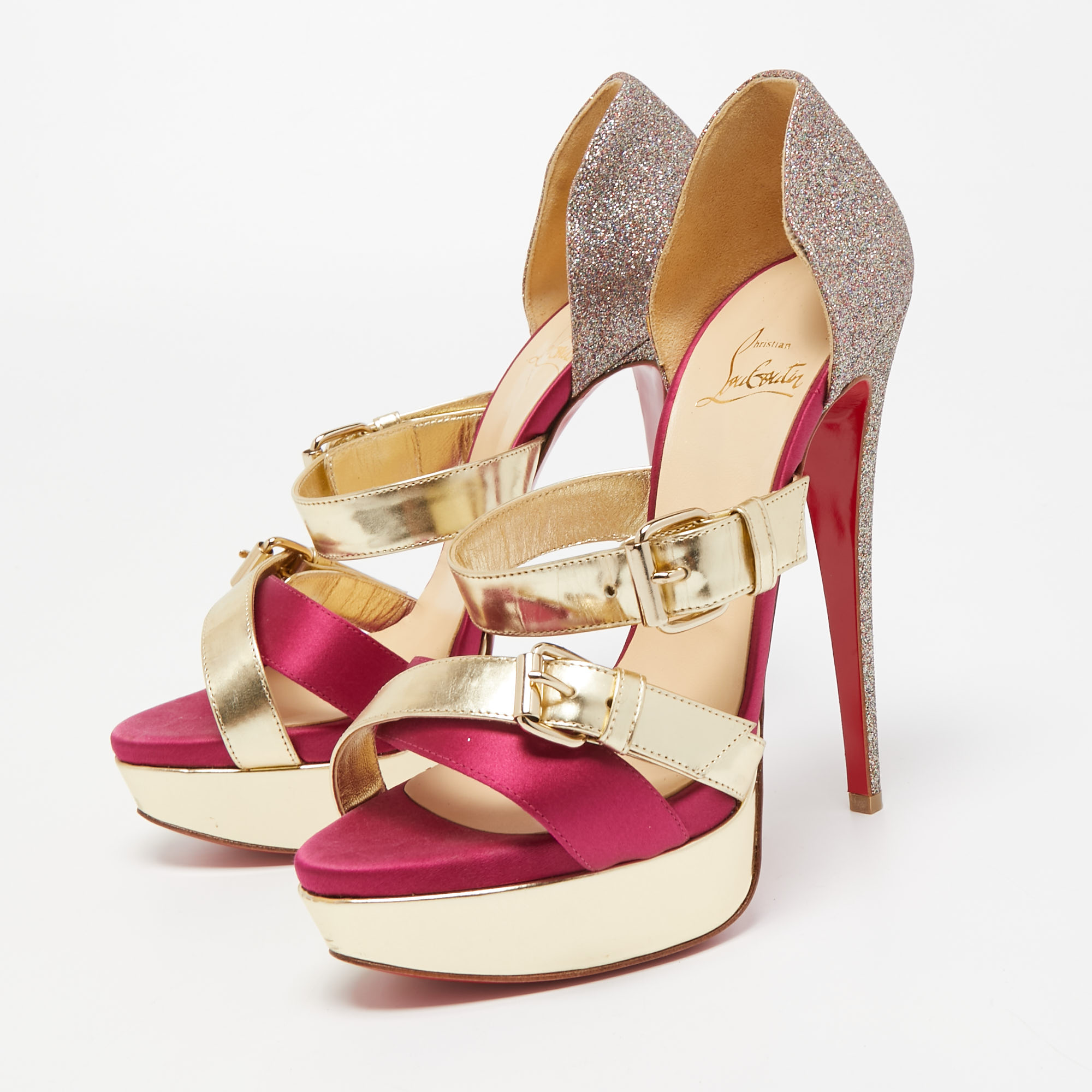 

Christian Louboutin Multicolor Glitter and Leather Ambertina Sandals Size