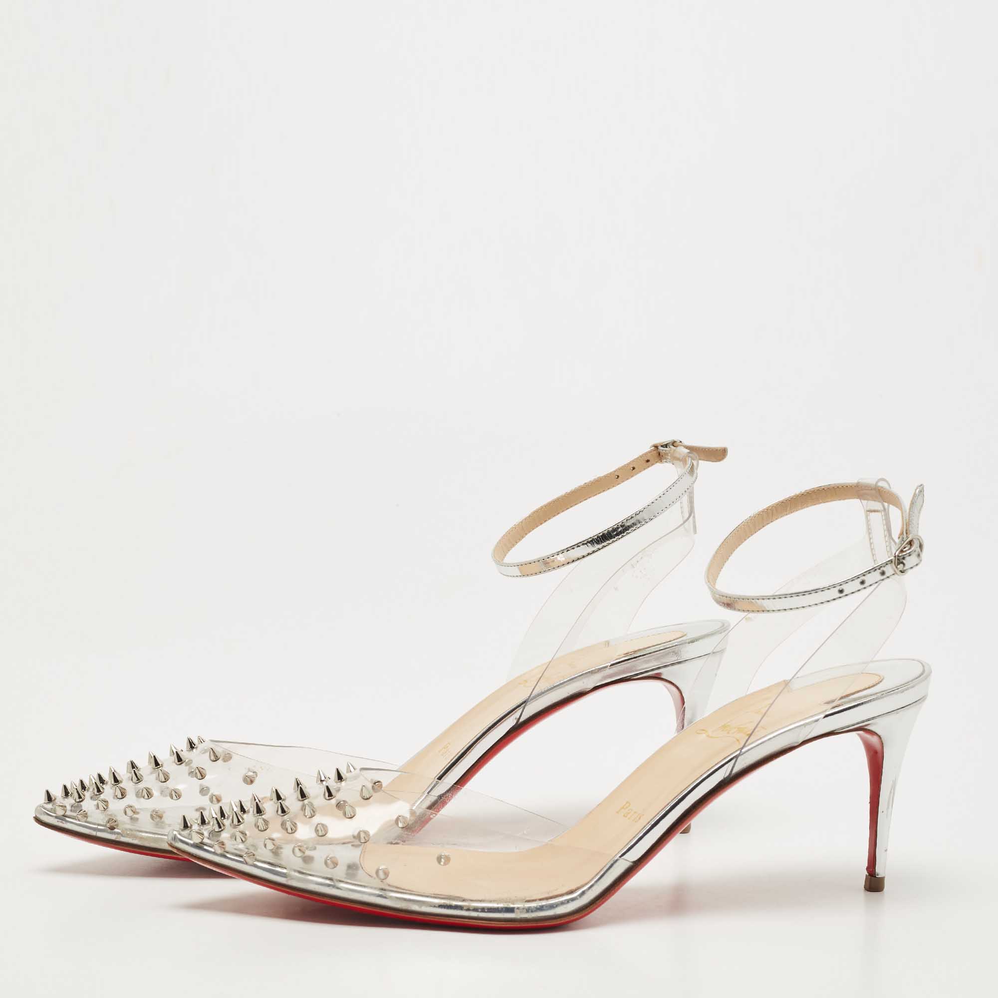 

Christian Louboutin Transparent/Silver Leather and PVC Spikoo Pumps Size