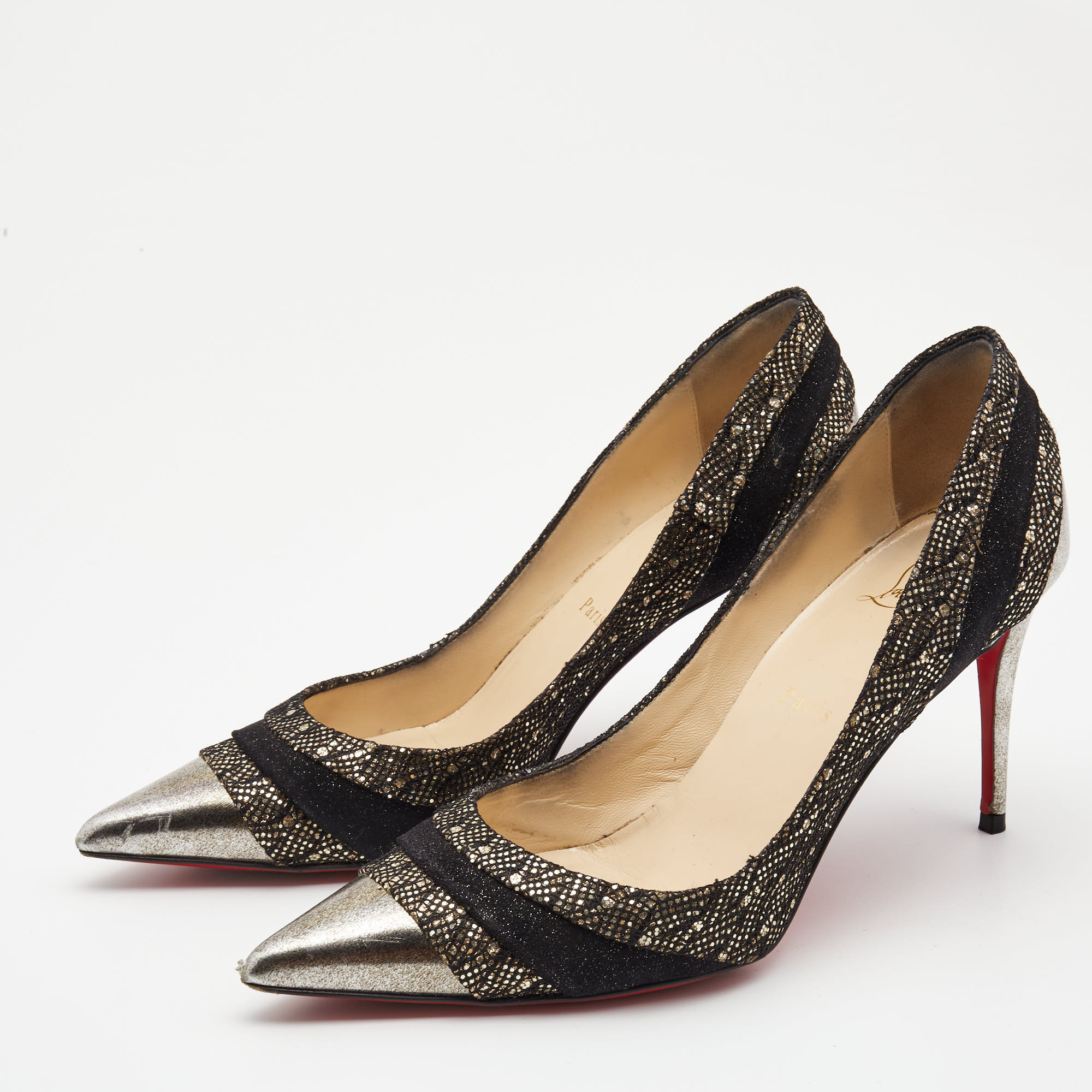 

Christian Louboutin Two Tone Glitter Suede and Glitter Lace Eklectica Pumps Size, Black