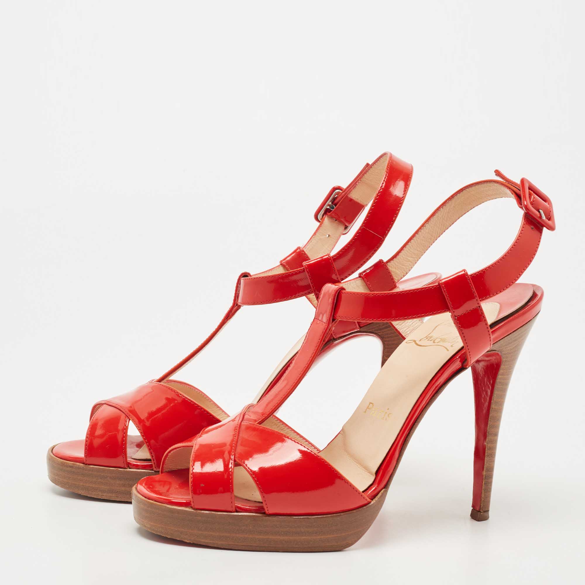 

Christian Louboutin Red Patent Leather T-Bar Platform Ankle Strap Sandals Size