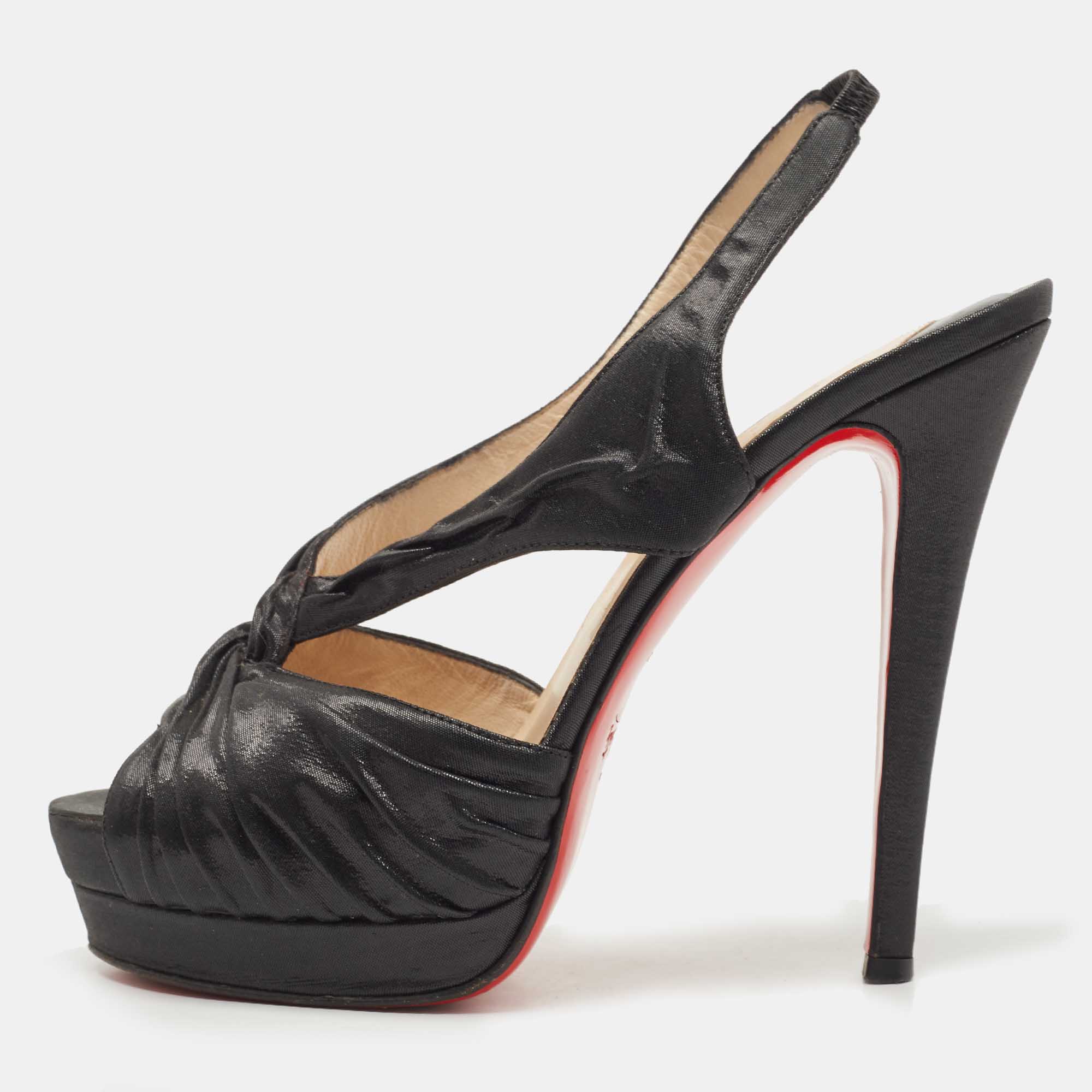 Pre-owned Christian Louboutin Black Shimmery Fabric Fortuna Sandals Size 37.5