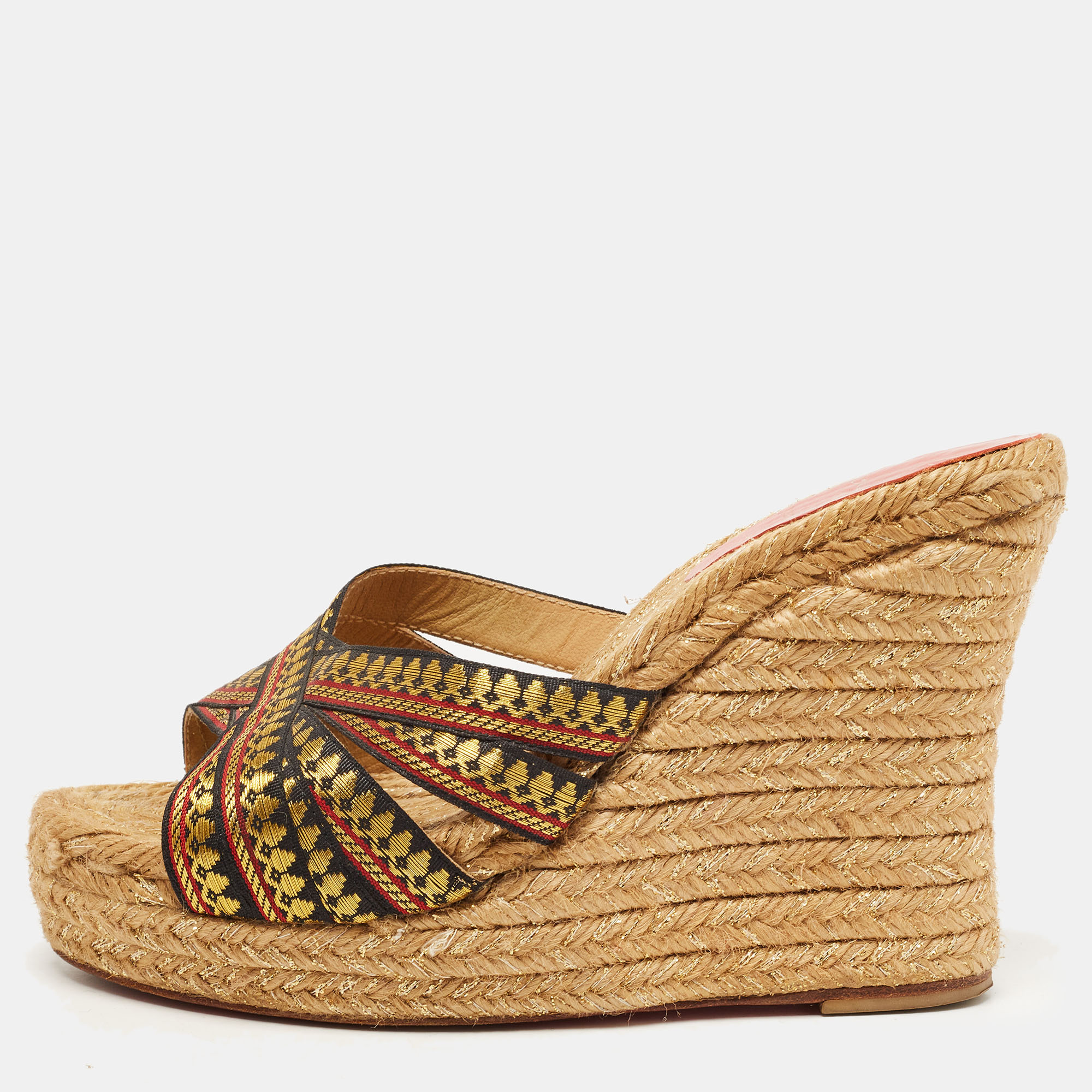 Pre-owned Christian Louboutin Tricolor Lace Espadrille Wedge Slide Sandals Size 37 In Gold