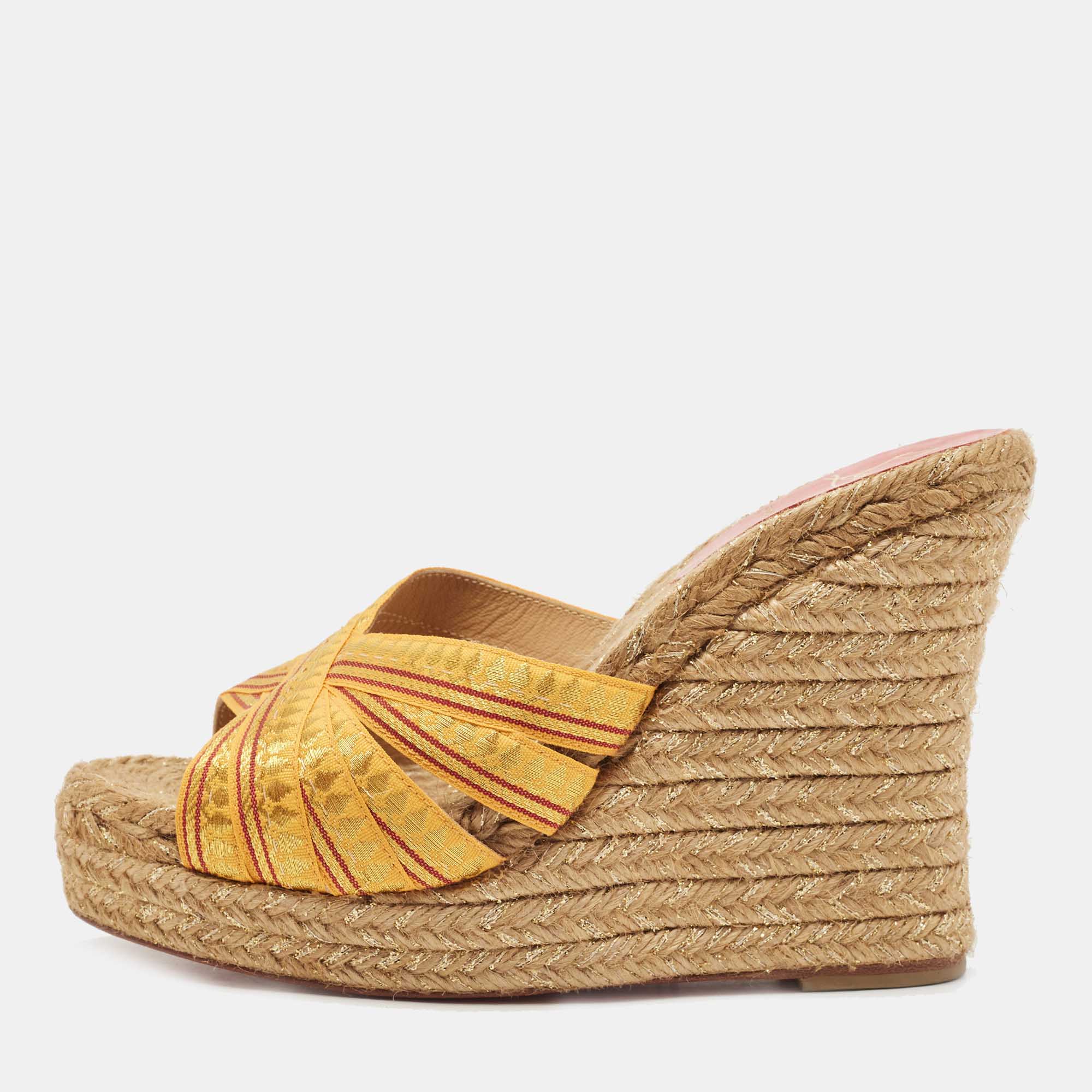 Pre-owned Christian Louboutin Yellow/gold Lace Espadrille Wedge Slide Sandals Size 37