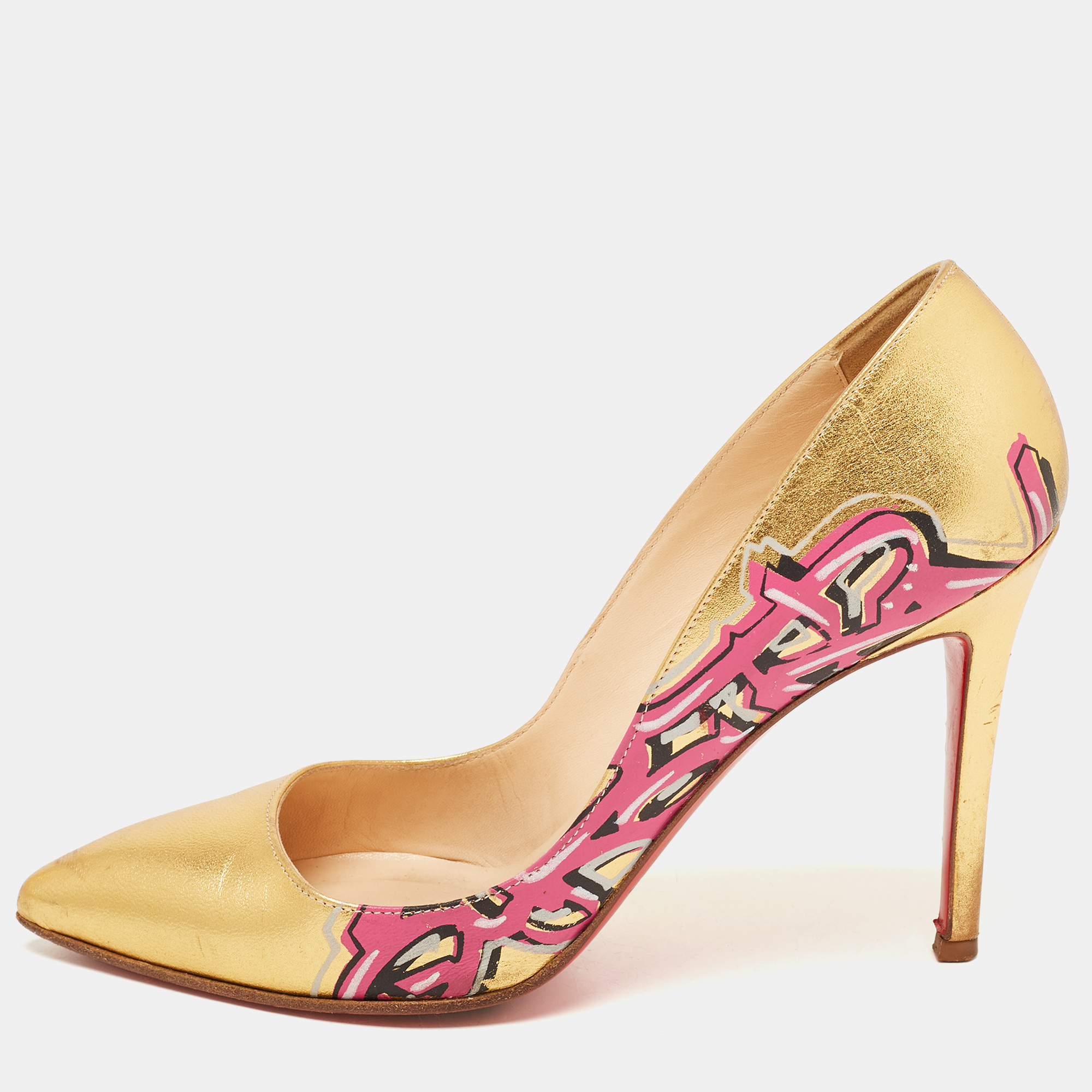Pre-owned Christian Louboutin Gold Leather Pigalle Graffiti Pumps Size 37.5
