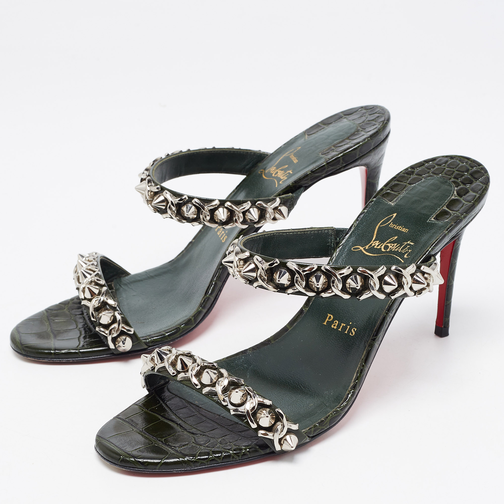 

Christian Louboutin Dark Green Croc Embossed Leather Just Chain Slide Sandals Size