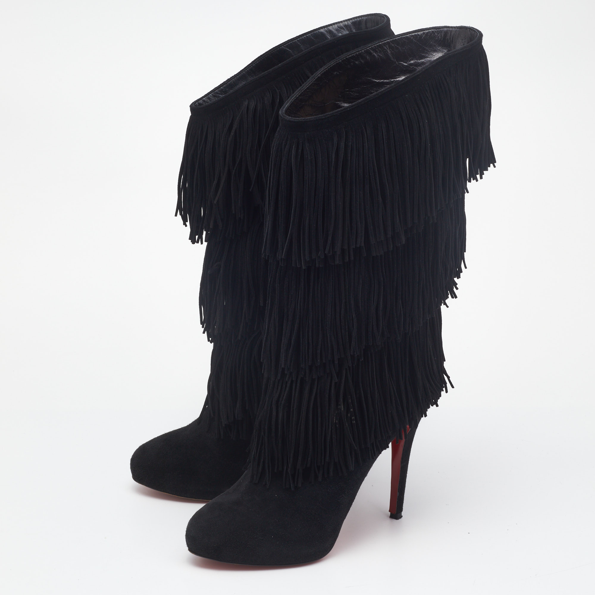 

Christian Louboutin Black Suede Fringe Calf Length Boots Size