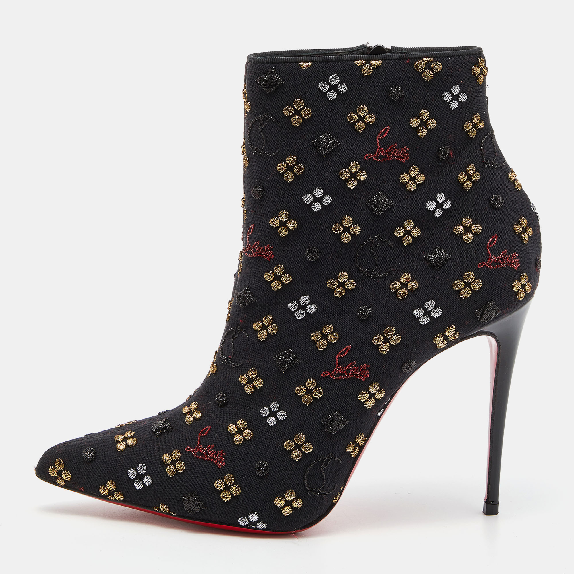 Pre-owned Christian Louboutin Black Embroidered Fabric So Kate Ankle Booties Size 37.5