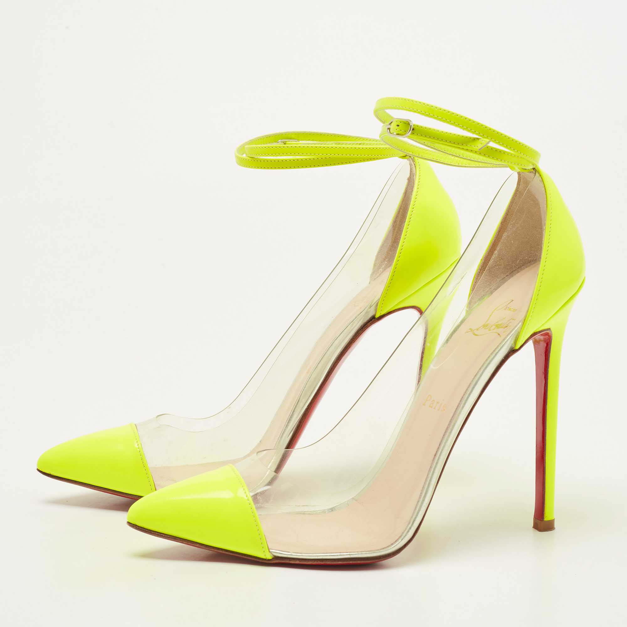 

Christian Louboutin Neon Yellow Leather and PVC Un Bout Ankle Strap Pumps Size