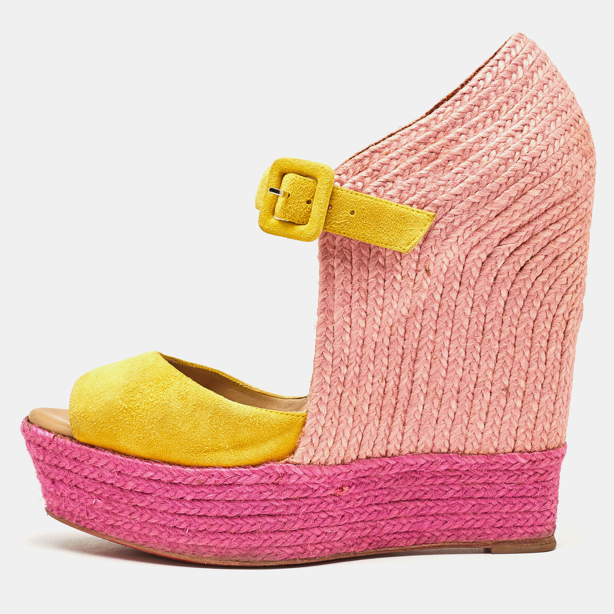 Pre-owned Christian Louboutin Yellow/pink Suede Praia Wedge Sandals Size 40